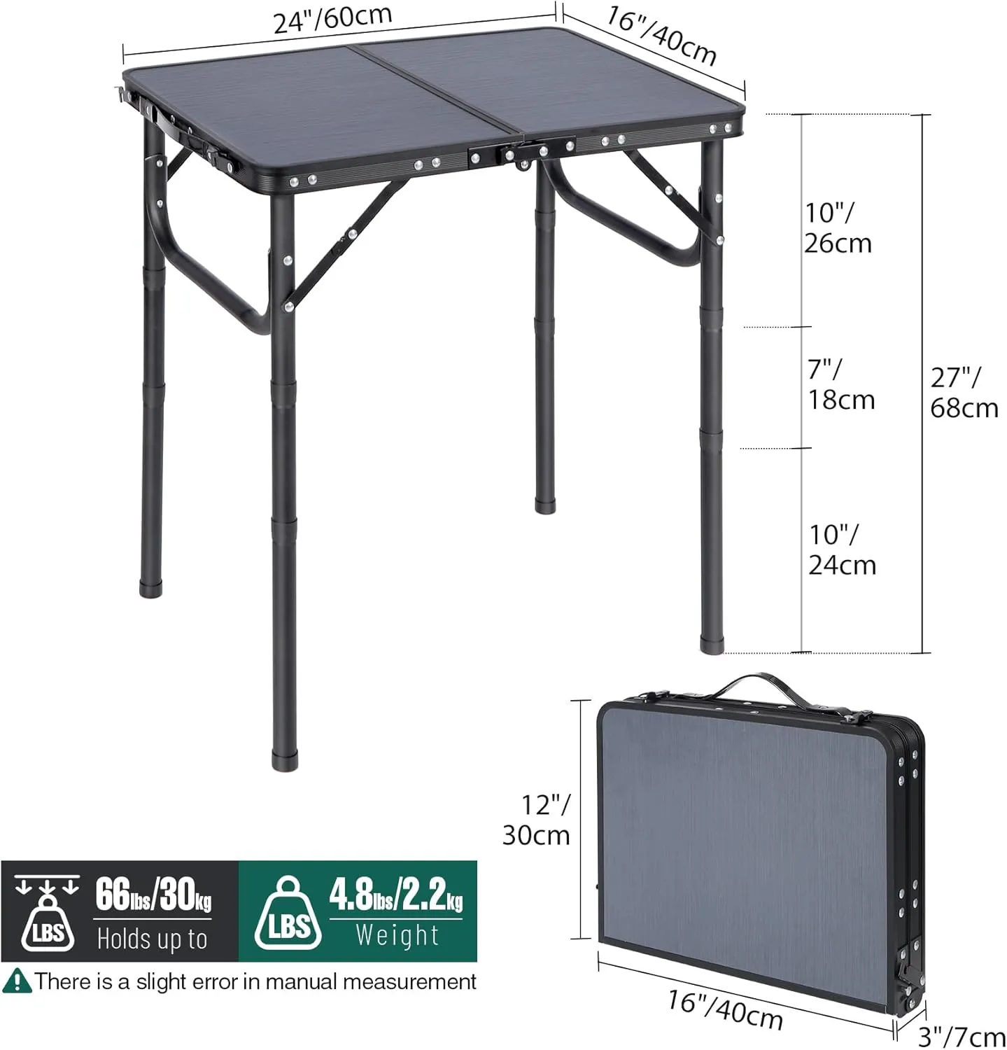 RedSwing Small Folding Table Adjustable Height, Lightweight and Portable Aluminum Frame Camping Table for Outdoor Indoor Picnic, 2 Feet, Grey