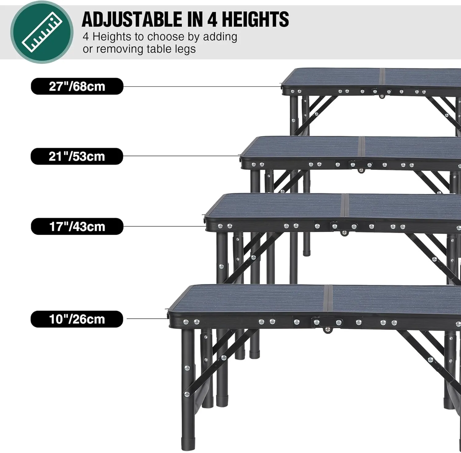 RedSwing Small Folding Table Adjustable Height, Lightweight and Portable Aluminum Frame Camping Table for Outdoor Indoor Picnic, 2 Feet, Grey