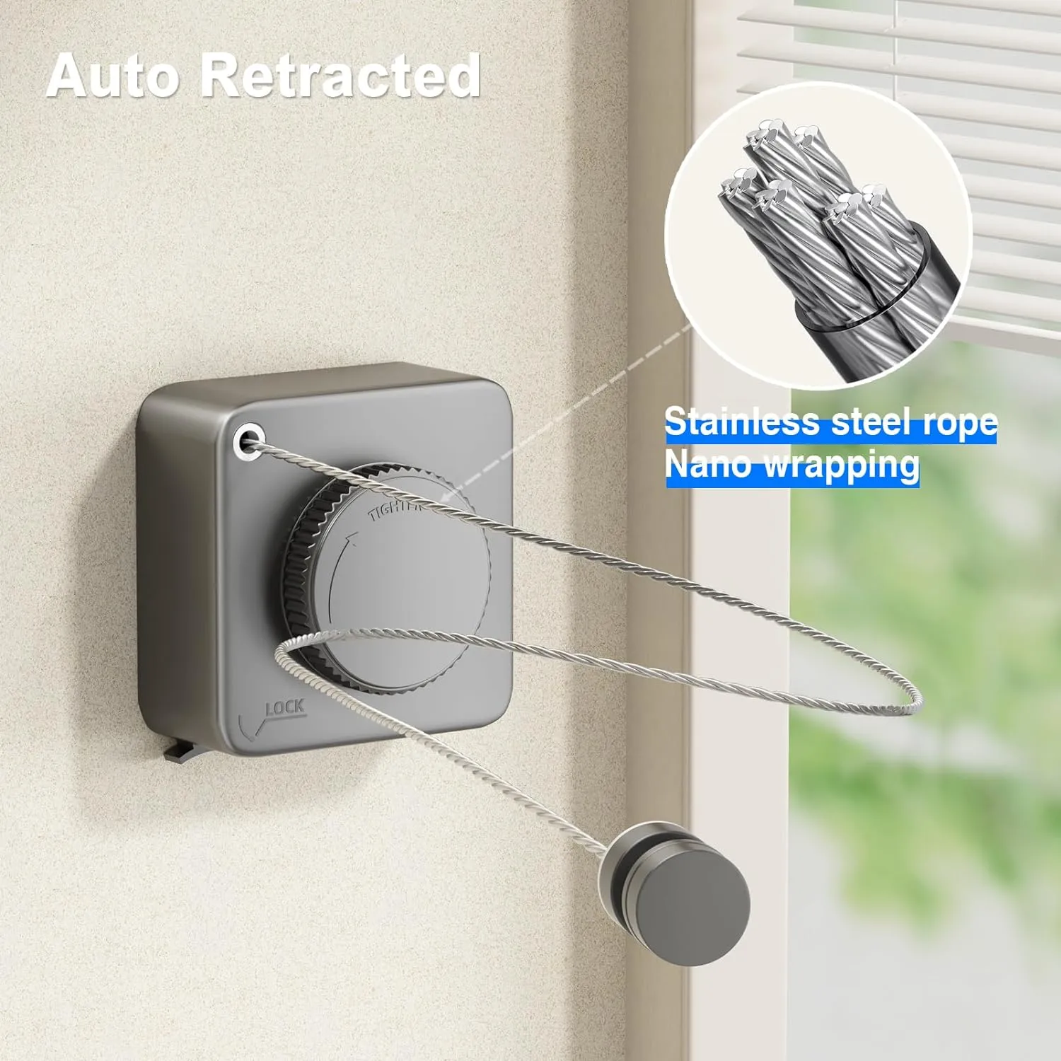 Retractable Clothesline Indoor, Non-Sagging Outdoor Clothes Line Retracting Heavy Duty Clothes Drying Laundry Line Wall Mounted Stainless Steel Line-15.1 Feets(Square-Gray)