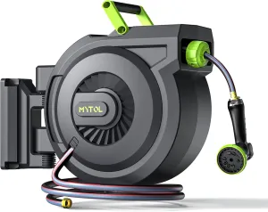 Retractable Garden Hose Reel, 5/8 Inch x 82 ft   6 ft Wall Mounted Water Hose Reel with Auto Slow Rewind System, 10-Pattern Nozzle, Any Length Lock, 180° Swivel Bracket, Ideal for Easy Watering