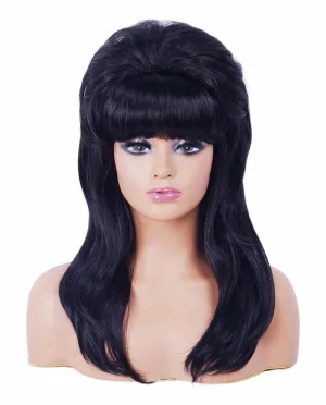 Retro Black Wig for 50S 60S 70S Beehive Long Wavy Wig for Women with Bangs Big Bouffant Costume Wig for Halloween,Party,Daily Use