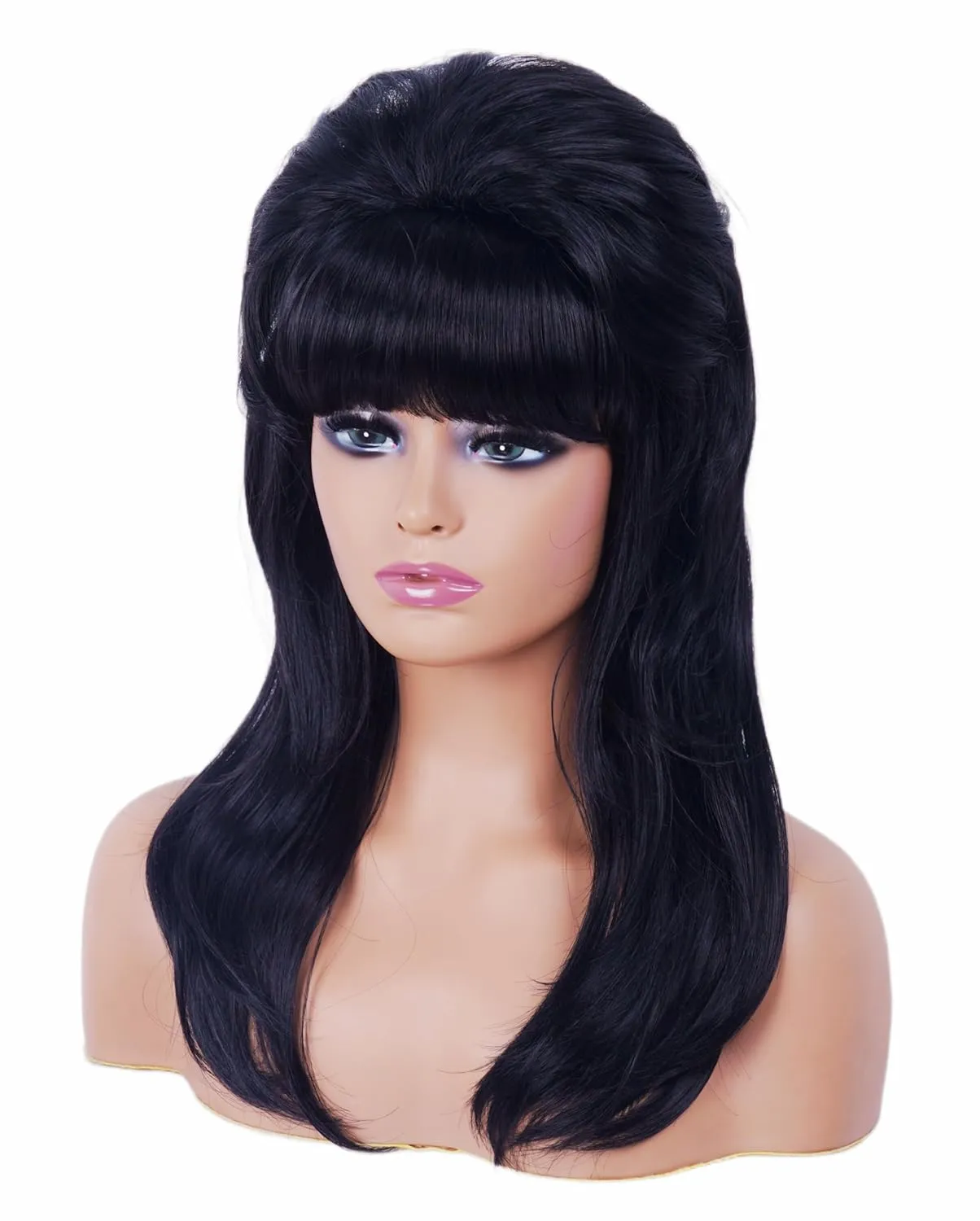 Retro Black Wig for 50S 60S 70S Beehive Long Wavy Wig for Women with Bangs Big Bouffant Costume Wig for Halloween,Party,Daily Use