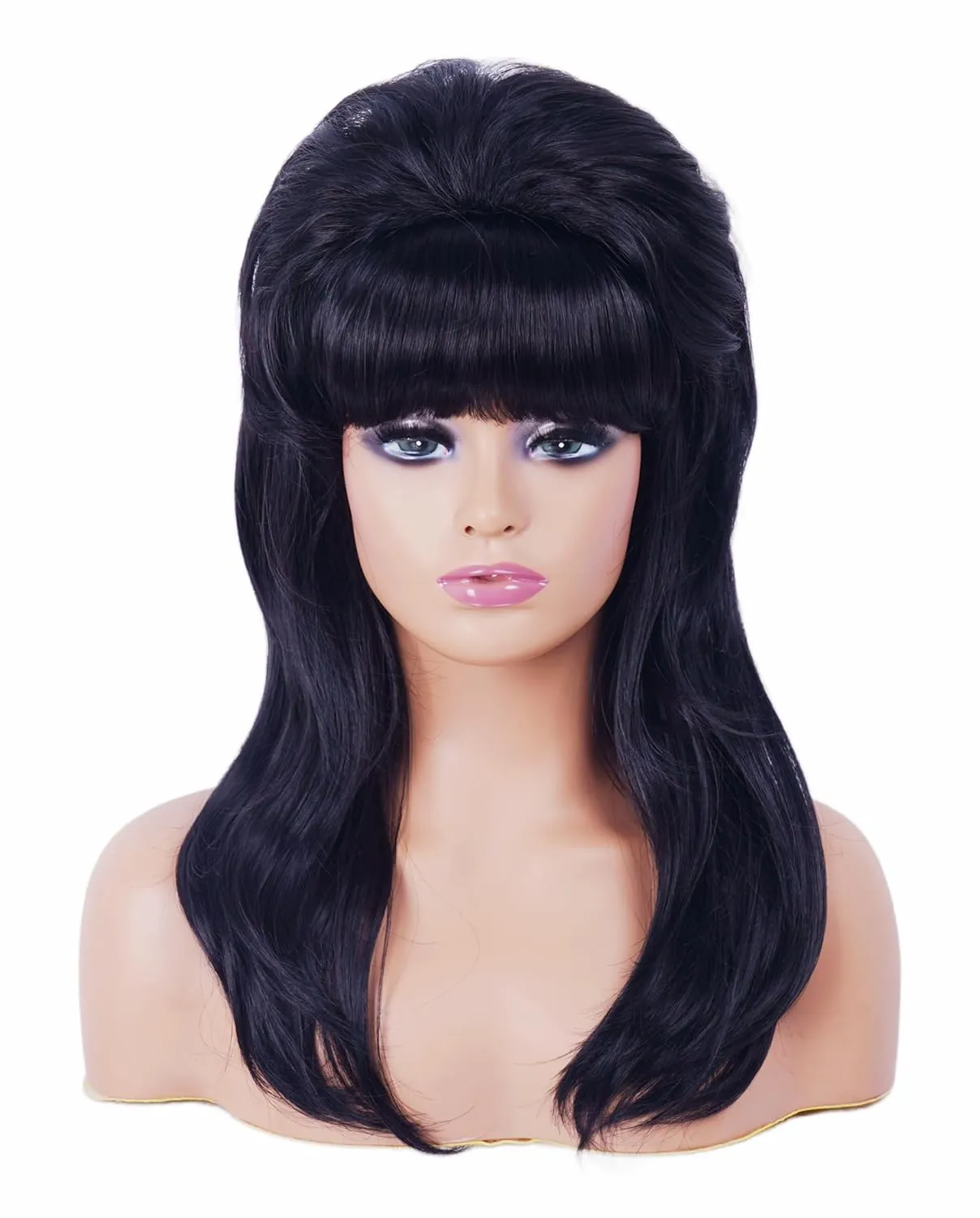 Retro Black Wig for 50S 60S 70S Beehive Long Wavy Wig for Women with Bangs Big Bouffant Costume Wig for Halloween,Party,Daily Use