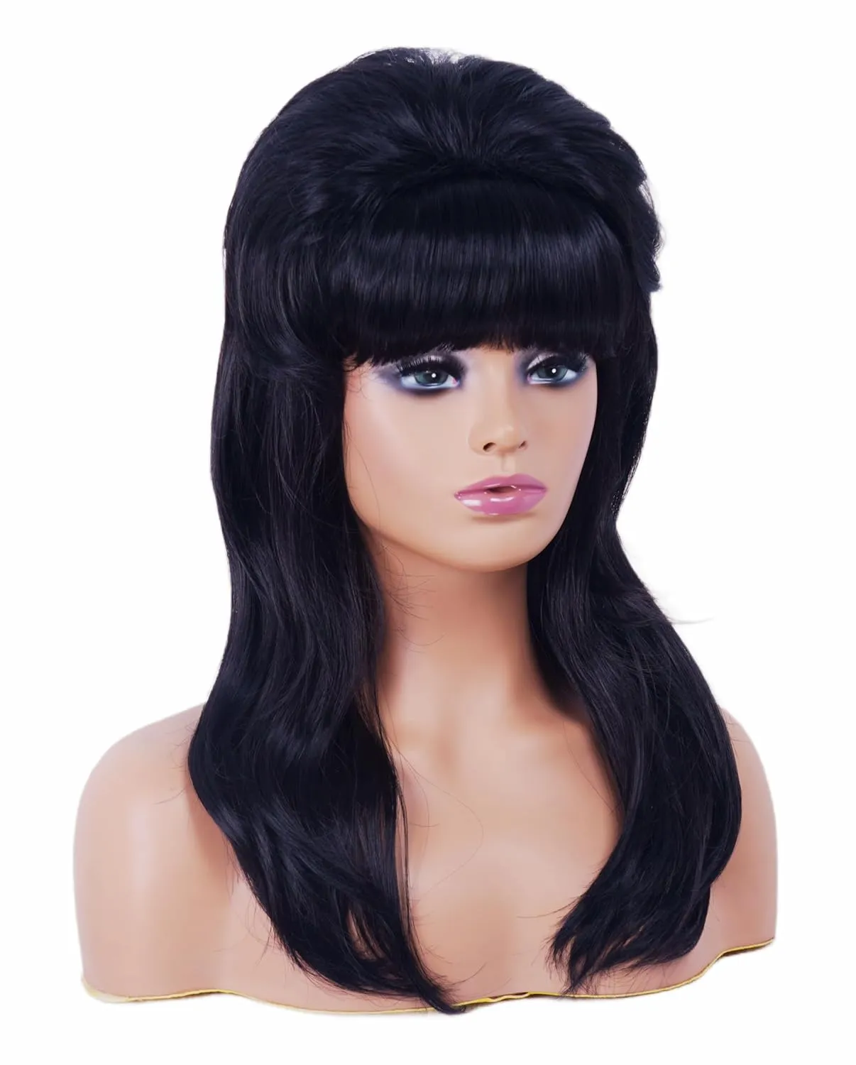 Retro Black Wig for 50S 60S 70S Beehive Long Wavy Wig for Women with Bangs Big Bouffant Costume Wig for Halloween,Party,Daily Use