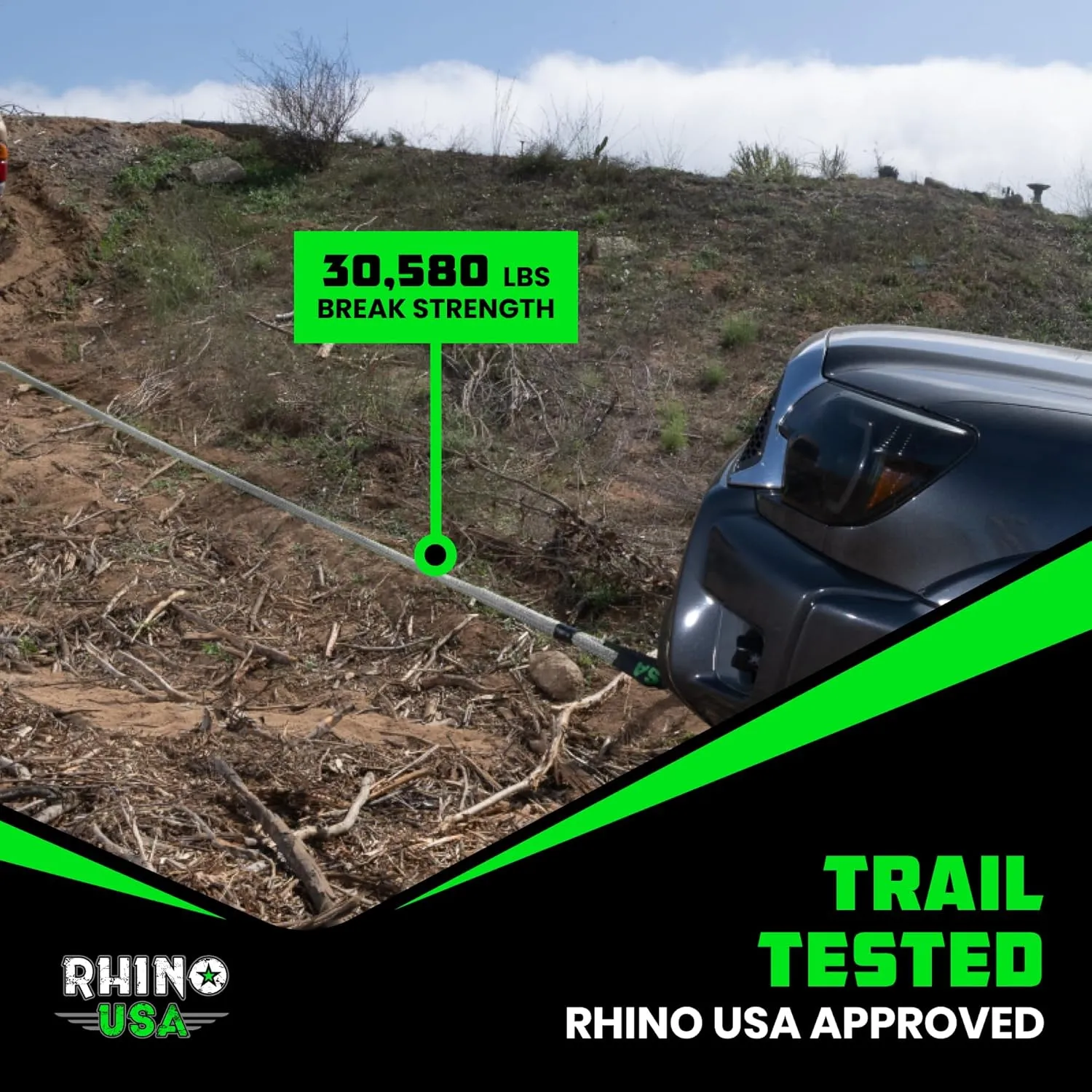 Rhino USA Kinetic Bridle Rope Recovery Kit (1in x 10ft) - Heavy Duty Offroad Snatch Strap - Includes 2 Soft Shackle for UTV, ATV, Truck, Car, Jeep, Tractor (Gray)