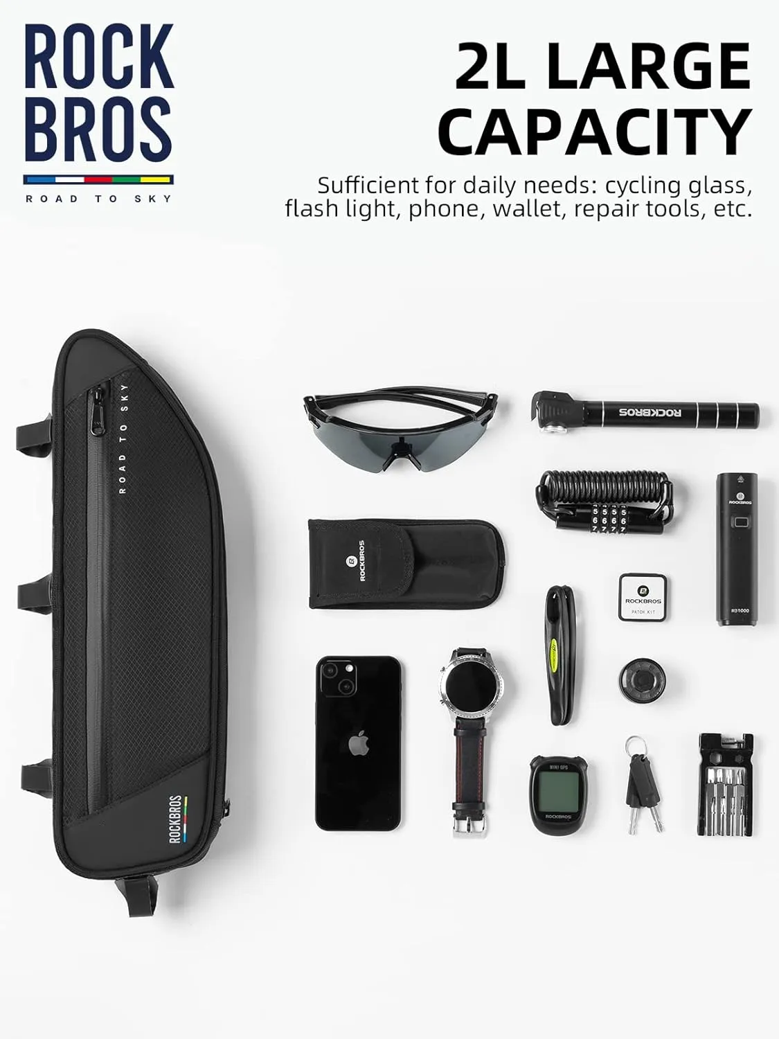 ROCKBROS Bike Frame Bag Bike Bag， 2L Waterproof Bike Top Tube Bag， Road to Sky Series Bike Bag Fits Mountain/Road Bikes