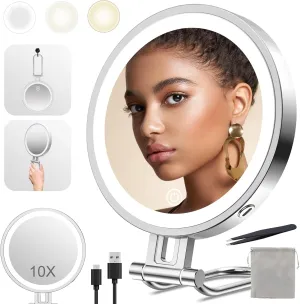 Rocollos Travel Makeup Mirror with Lights, 3000mAh Rechargeable LED Compact Mirror 1X/10X Magnification, Stepless Dimming Touch Table Mirror 3 Color Lights 3 in 1 Handheld Hanging Desktop Mirror