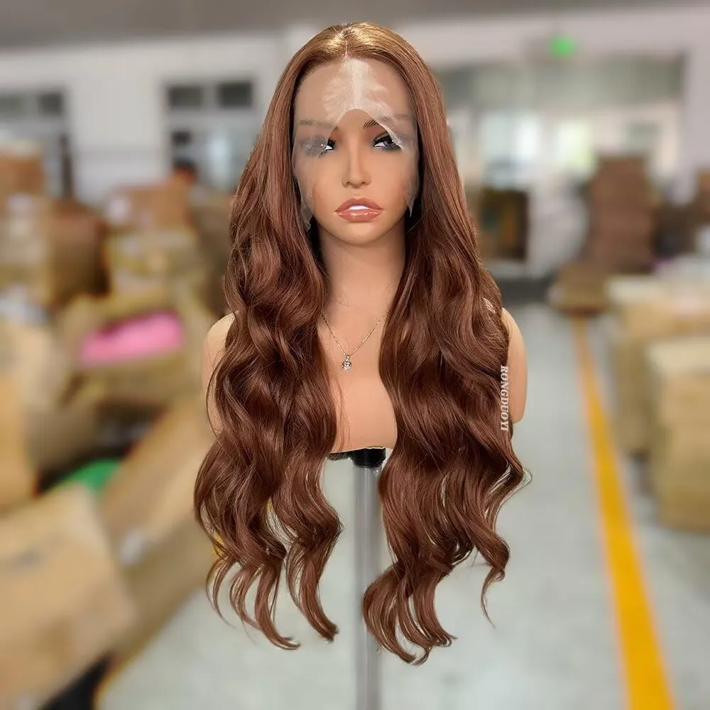 RONGDUOYI Brown Wig Long Body Wave Synthetic Lace Wigs For Women Deep Wave Lace Wig Light Brown Glueless Wigs Synthetic Hair Colored Hair Heat Resistant Cosplay Daily Wear 24Inches