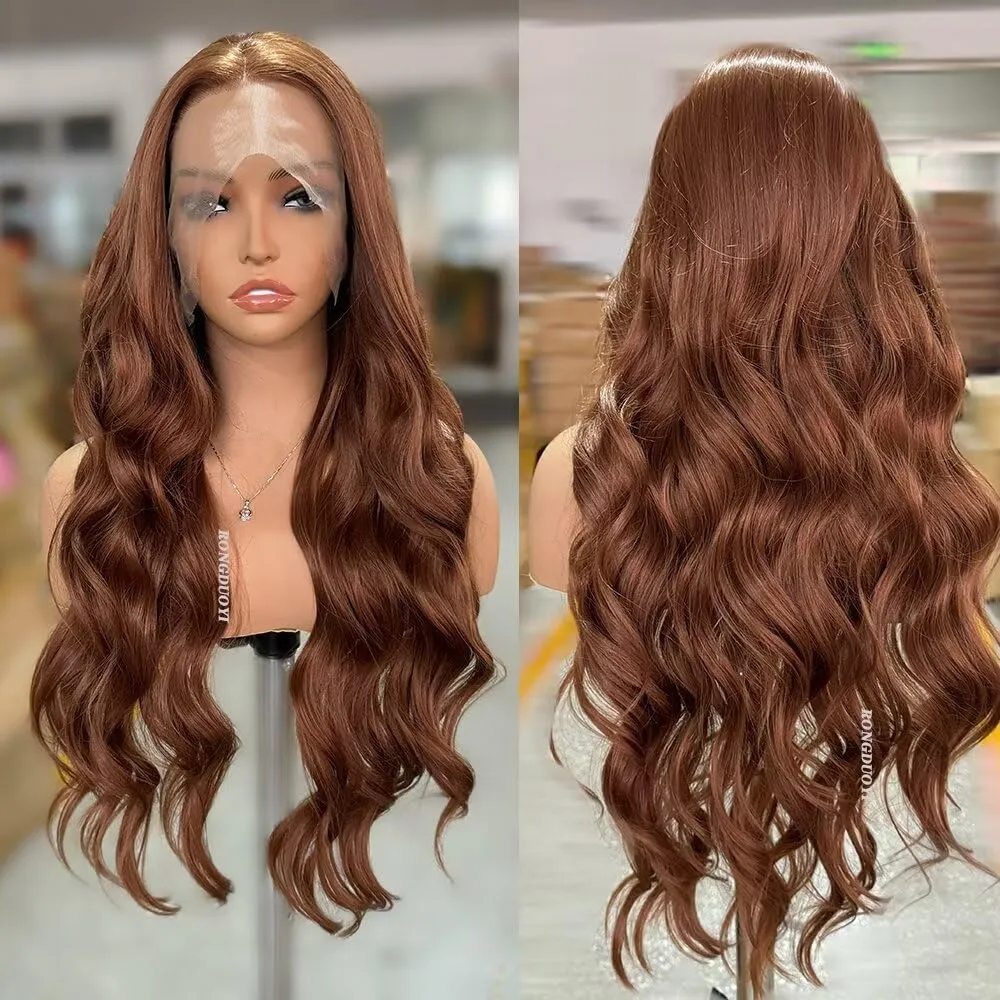 RONGDUOYI Brown Wig Long Body Wave Synthetic Lace Wigs For Women Deep Wave Lace Wig Light Brown Glueless Wigs Synthetic Hair Colored Hair Heat Resistant Cosplay Daily Wear 24Inches