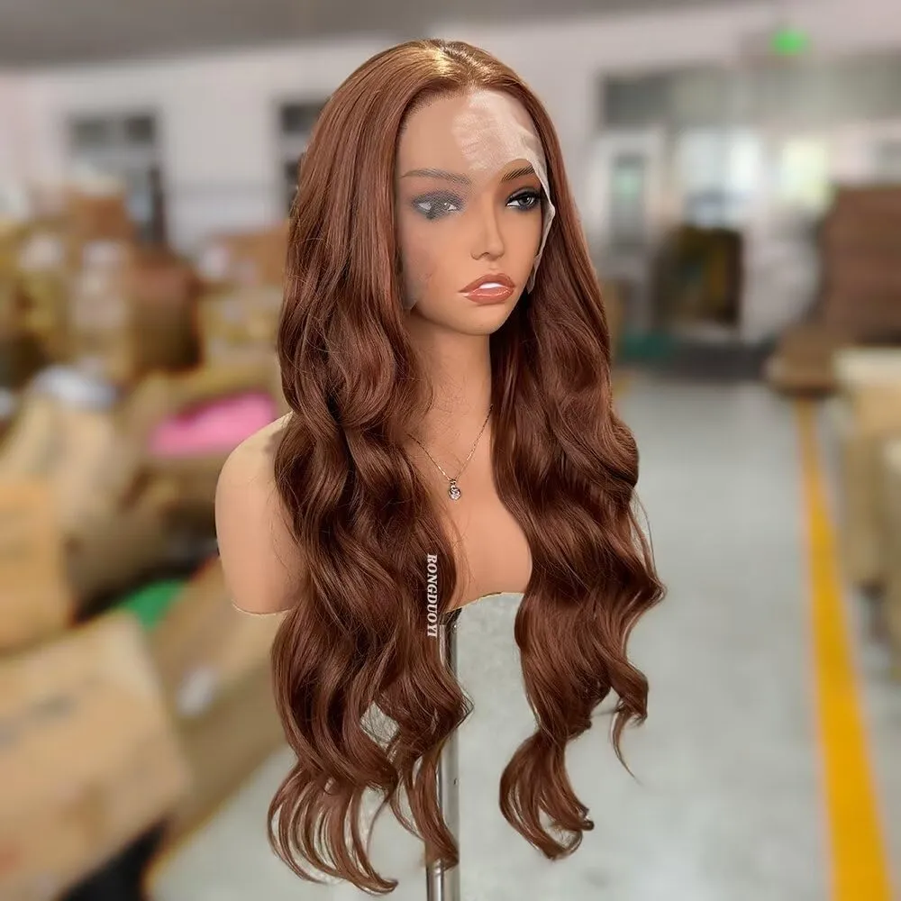 RONGDUOYI Brown Wig Long Body Wave Synthetic Lace Wigs For Women Deep Wave Lace Wig Light Brown Glueless Wigs Synthetic Hair Colored Hair Heat Resistant Cosplay Daily Wear 24Inches