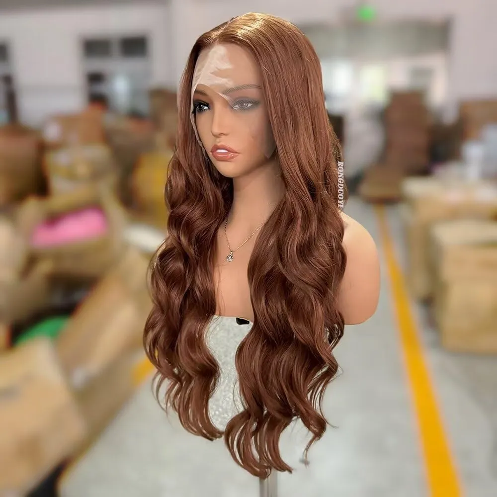 RONGDUOYI Brown Wig Long Body Wave Synthetic Lace Wigs For Women Deep Wave Lace Wig Light Brown Glueless Wigs Synthetic Hair Colored Hair Heat Resistant Cosplay Daily Wear 24Inches