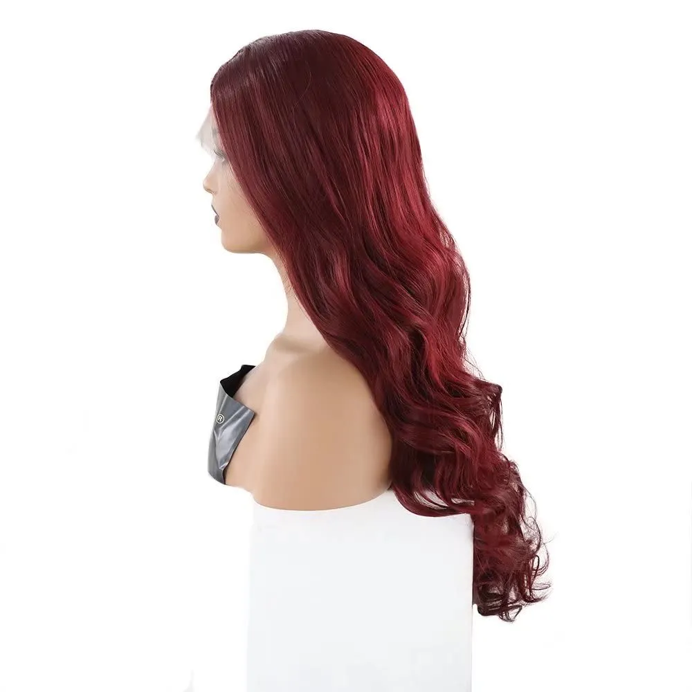 RONGDUOYI RDY Long Wavy Burgundy Synthetic Lace Front Wigs for Women 24inches Wine Red Body Wave Heat Fiber Hair Natural Looking Daily Use Cosplay Wig