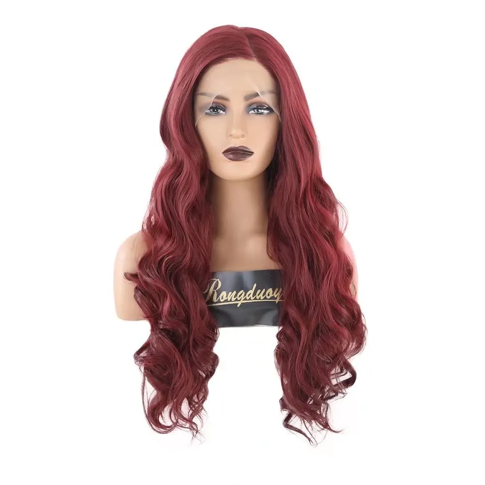 RONGDUOYI RDY Long Wavy Burgundy Synthetic Lace Front Wigs for Women 24inches Wine Red Body Wave Heat Fiber Hair Natural Looking Daily Use Cosplay Wig
