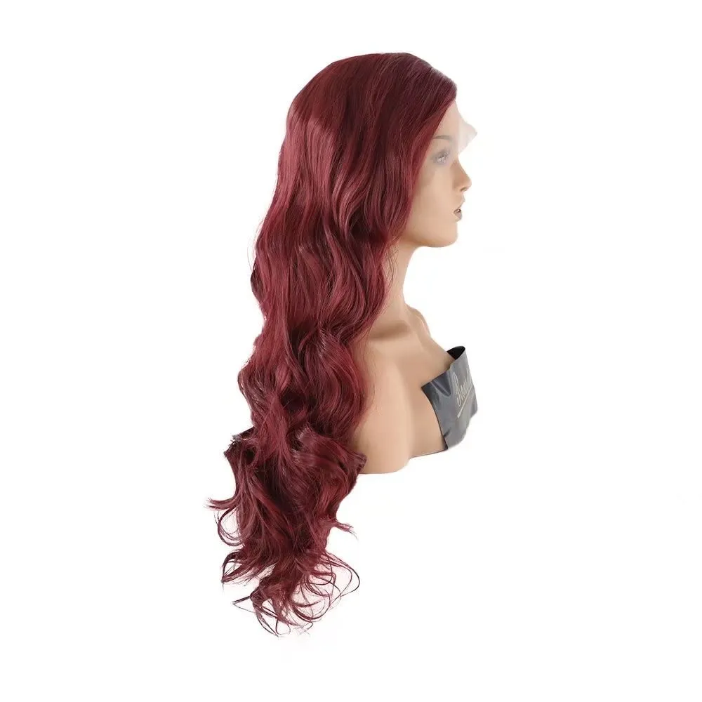 RONGDUOYI RDY Long Wavy Burgundy Synthetic Lace Front Wigs for Women 24inches Wine Red Body Wave Heat Fiber Hair Natural Looking Daily Use Cosplay Wig
