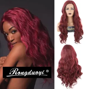 RONGDUOYI RDY Long Wavy Burgundy Synthetic Lace Front Wigs for Women 24inches Wine Red Body Wave Heat Fiber Hair Natural Looking Daily Use Cosplay Wig