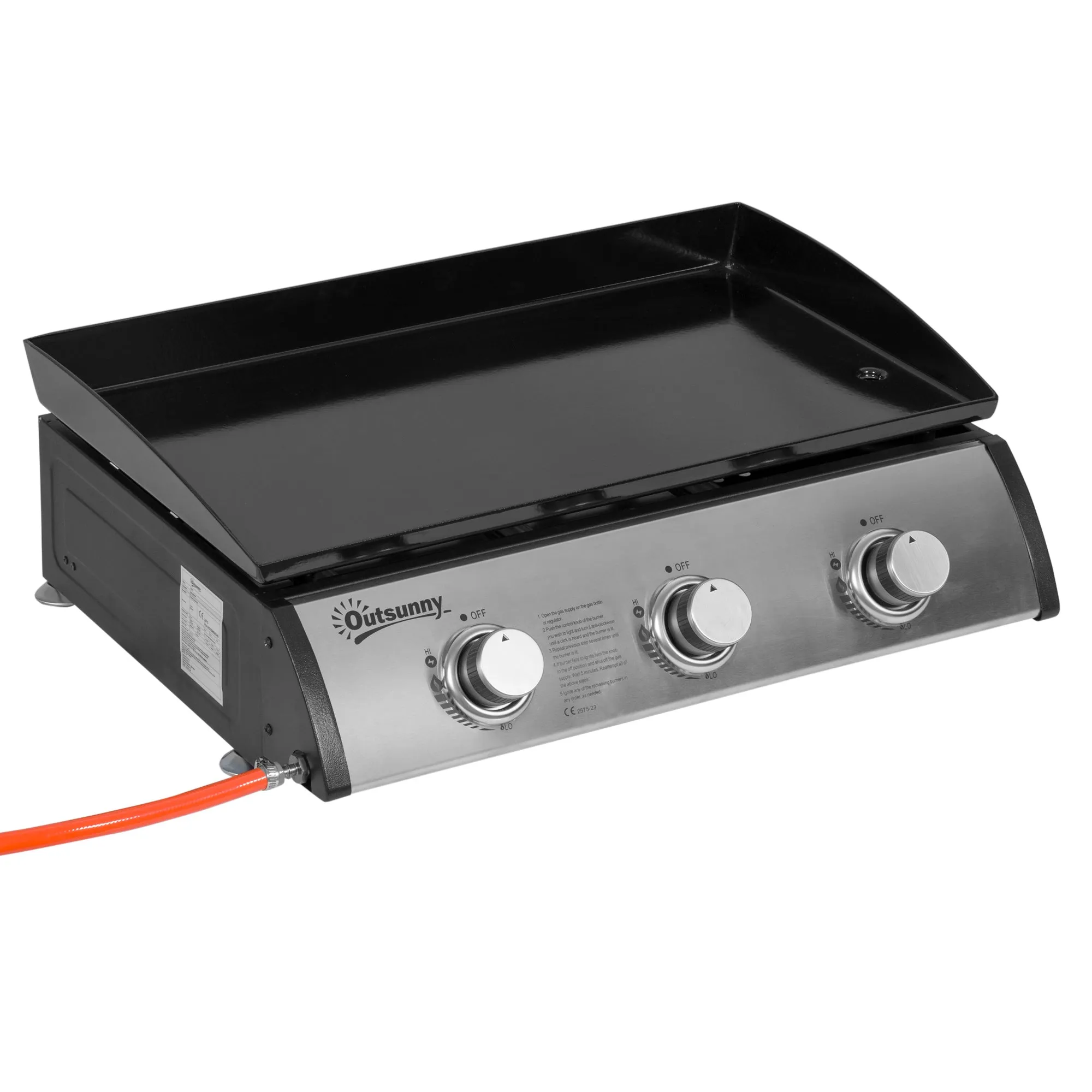 Rootz 3 Burner Gas Grill - Portable BBQ - Outdoor Cooking - Non-Stick Grill Plate - Stainless Steel - Easy Transport - 63cm x 48cm x 21cm