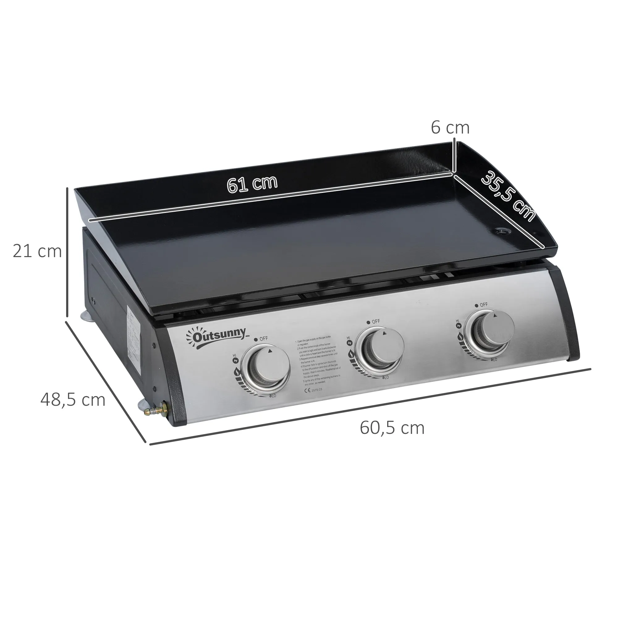 Rootz 3 Burner Gas Grill - Portable BBQ - Outdoor Cooking - Non-Stick Grill Plate - Stainless Steel - Easy Transport - 63cm x 48cm x 21cm