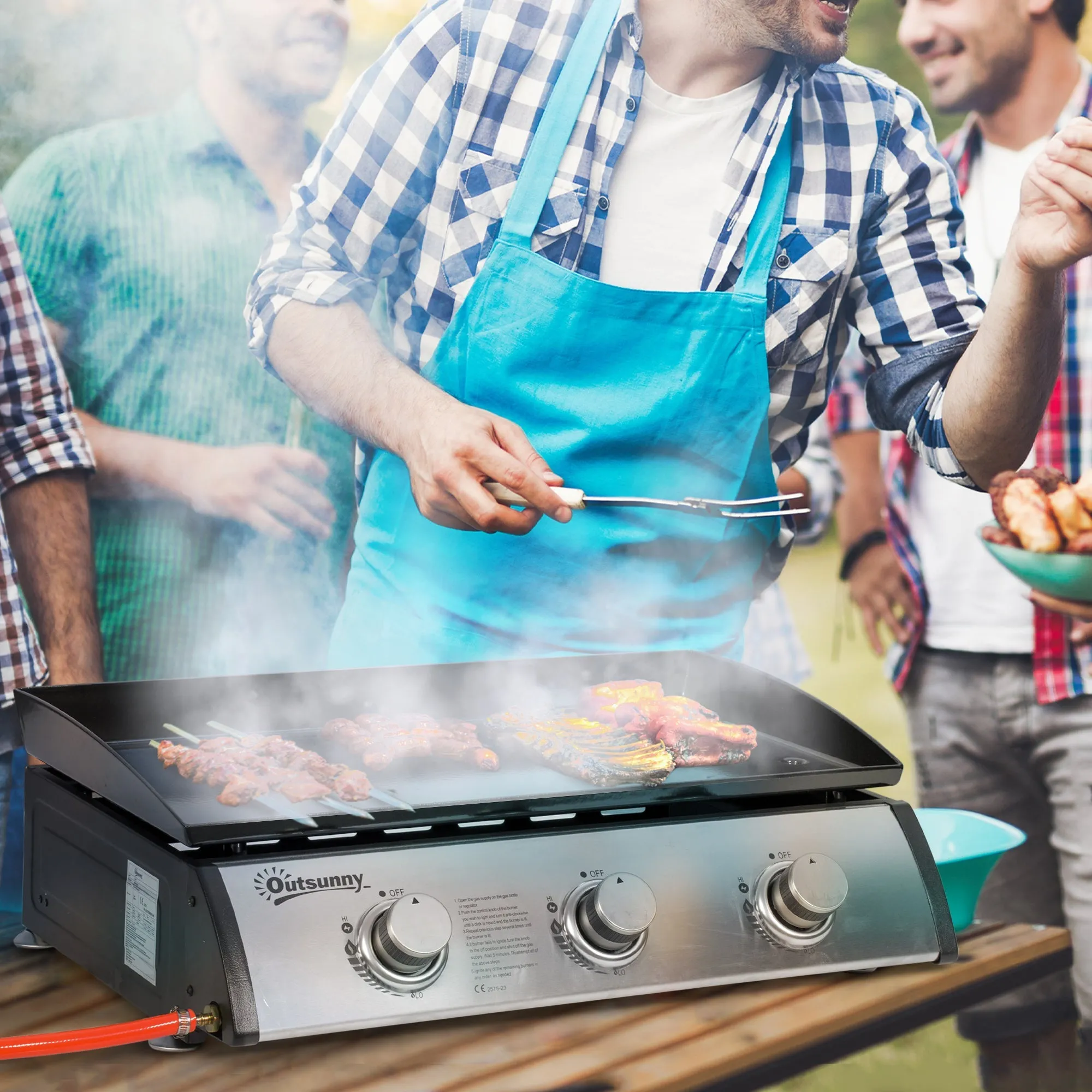 Rootz 3 Burner Gas Grill - Portable BBQ - Outdoor Cooking - Non-Stick Grill Plate - Stainless Steel - Easy Transport - 63cm x 48cm x 21cm