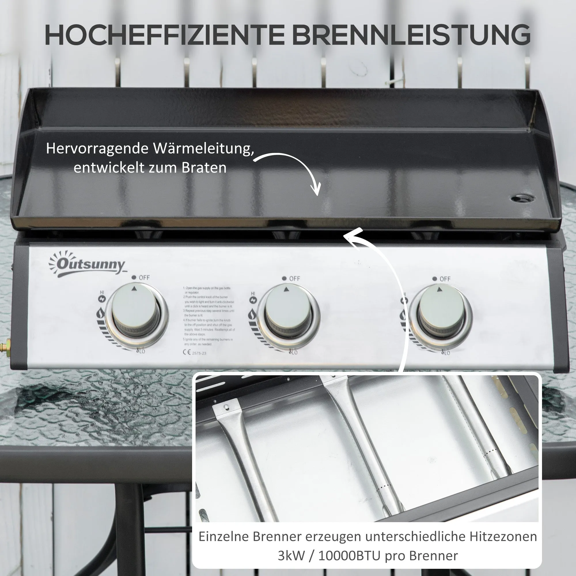Rootz 3 Burner Gas Grill - Portable BBQ - Outdoor Cooking - Non-Stick Grill Plate - Stainless Steel - Easy Transport - 63cm x 48cm x 21cm