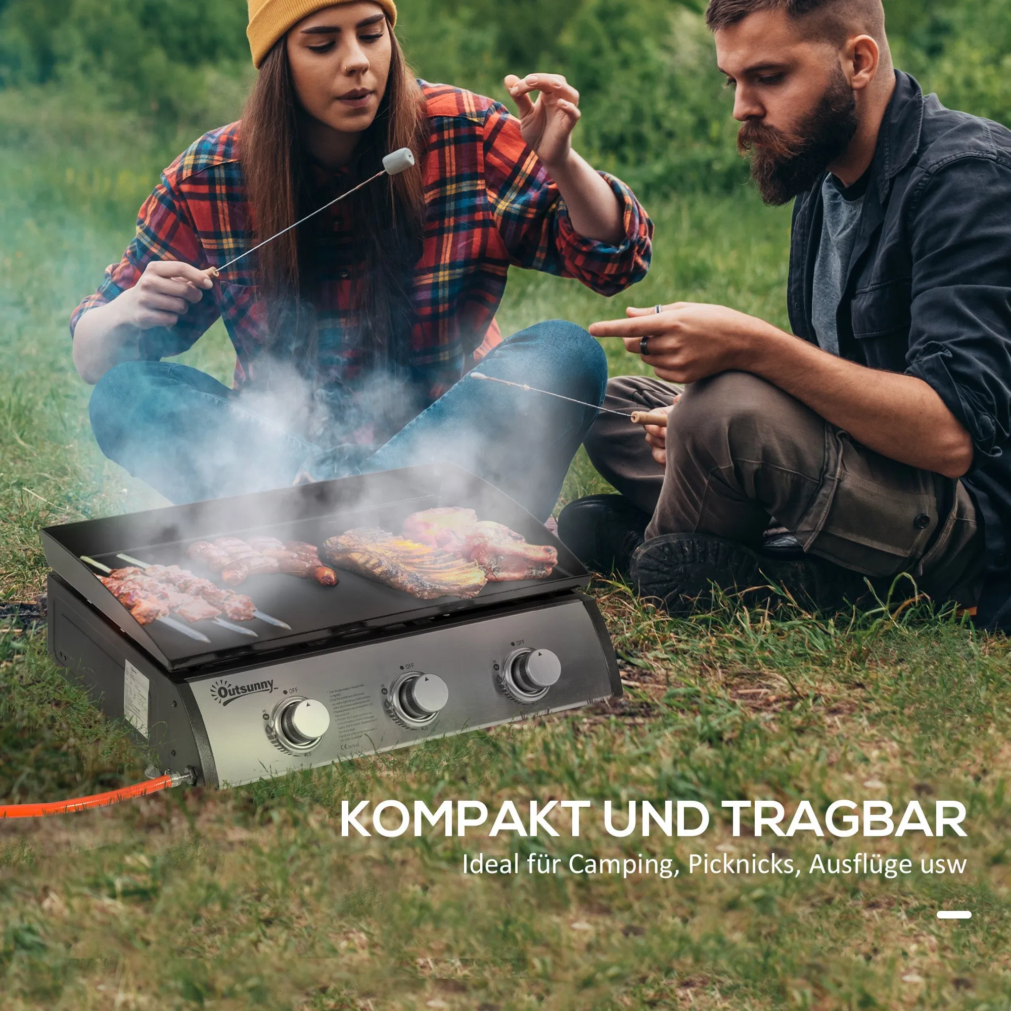 Rootz 3 Burner Gas Grill - Portable BBQ - Outdoor Cooking - Non-Stick Grill Plate - Stainless Steel - Easy Transport - 63cm x 48cm x 21cm