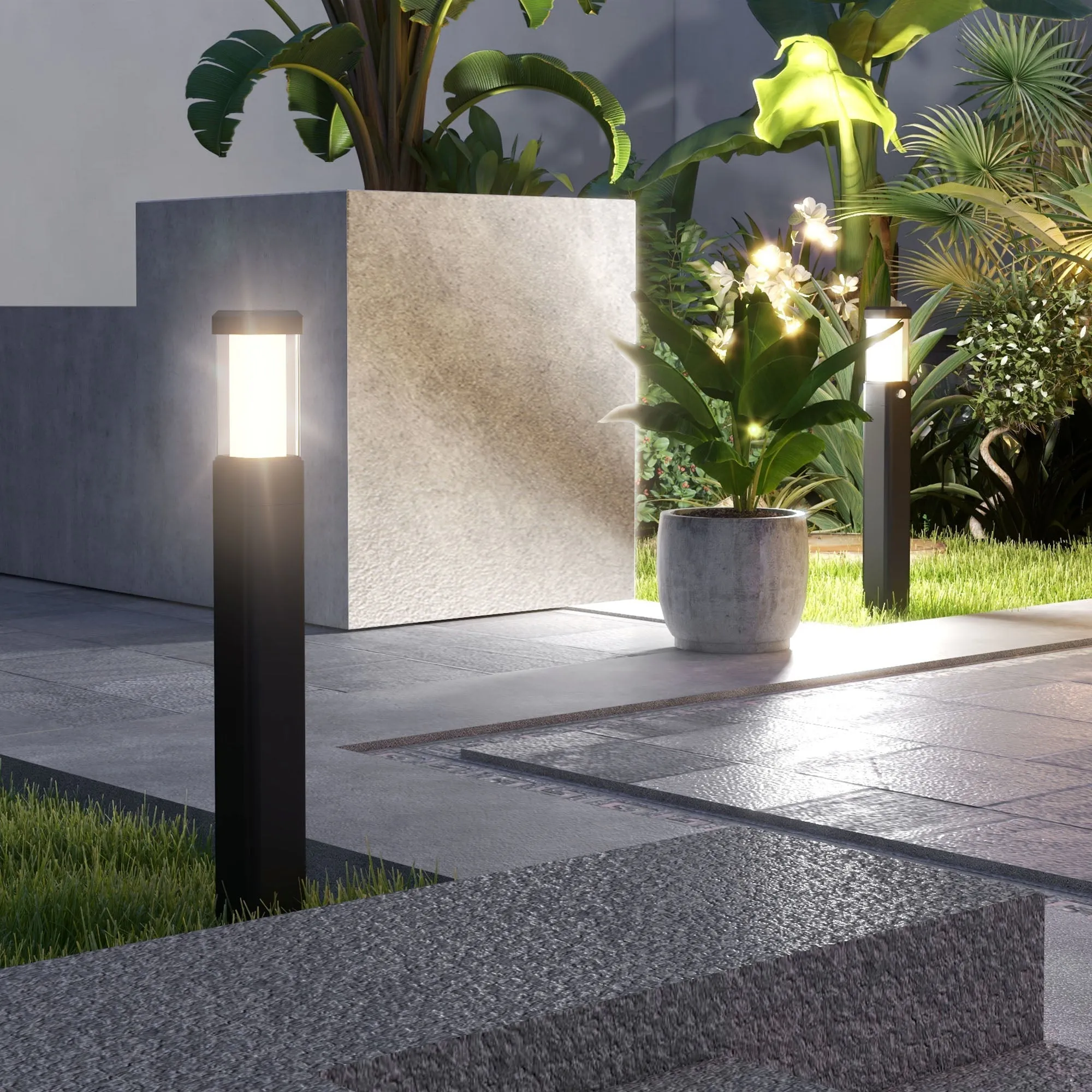 Rootz Set of 2 Outdoor Lamps - LED Pillar Lantern - Waterproof Light - Energy Efficient - 12cm x 12cm x 58.5cm