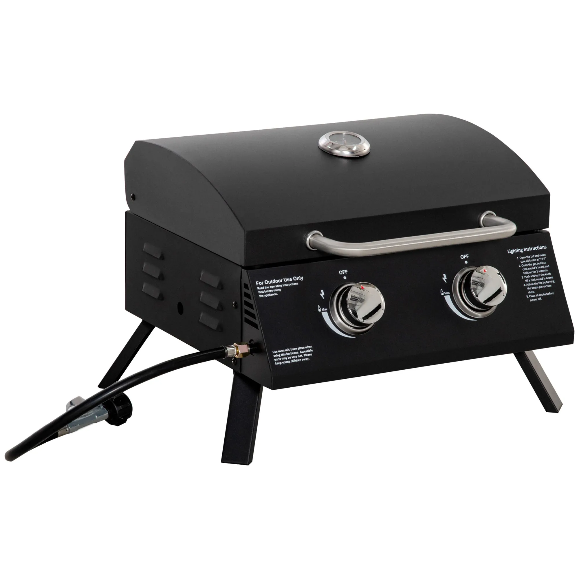 Rootz Table Gas Grill with Folding Legs - Portable Grill - Camping BBQ - 2 Burners 5 KW - Thermometer - 55cm x 46.5cm x 41cm