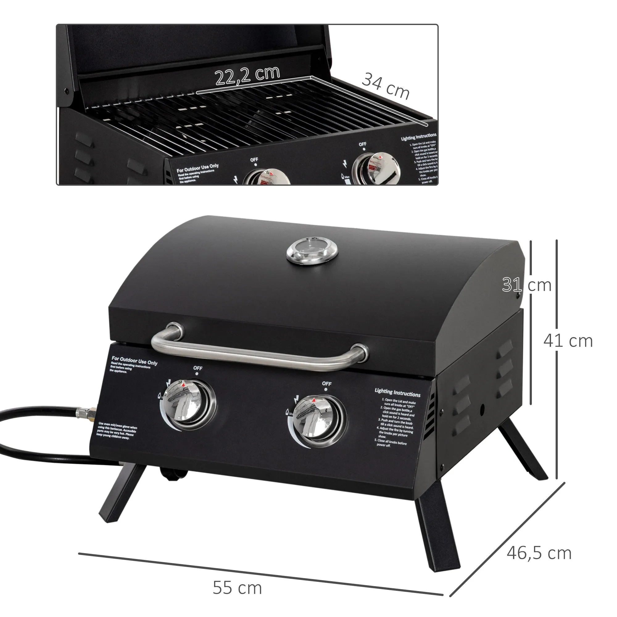 Rootz Table Gas Grill with Folding Legs - Portable Grill - Camping BBQ - 2 Burners 5 KW - Thermometer - 55cm x 46.5cm x 41cm