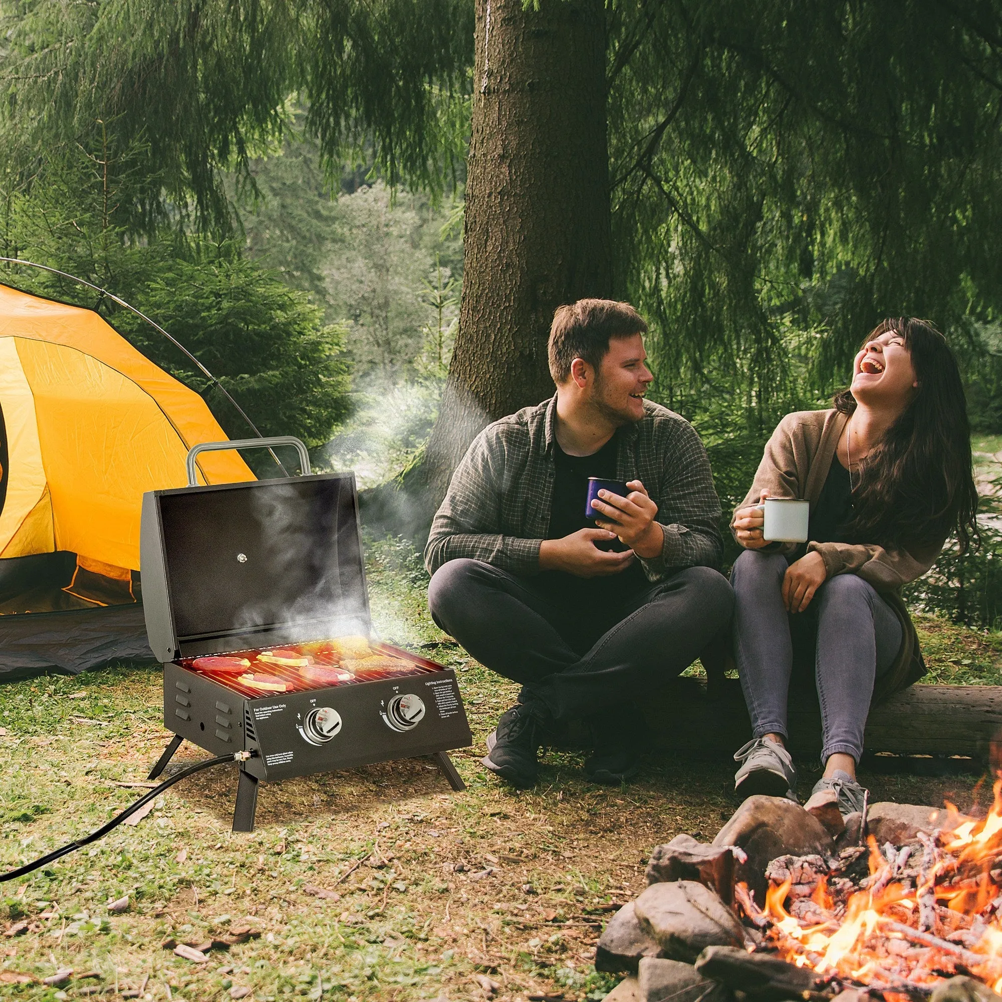 Rootz Table Gas Grill with Folding Legs - Portable Grill - Camping BBQ - 2 Burners 5 KW - Thermometer - 55cm x 46.5cm x 41cm