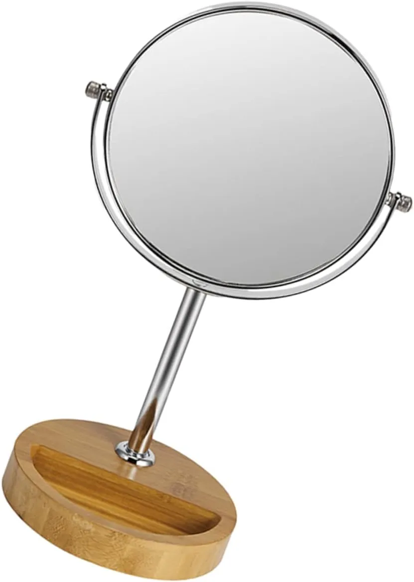 Rotating Double Sided Makeup Mirror with Wood Base Elegant Tabletop Vanity Mirror for Makeup Shaving and Grooming for Bedroom and Bathroom Use