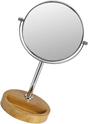 Rotating Double Sided Makeup Mirror with Wood Base Elegant Tabletop Vanity Mirror for Makeup Shaving and Grooming for Bedroom and Bathroom Use
