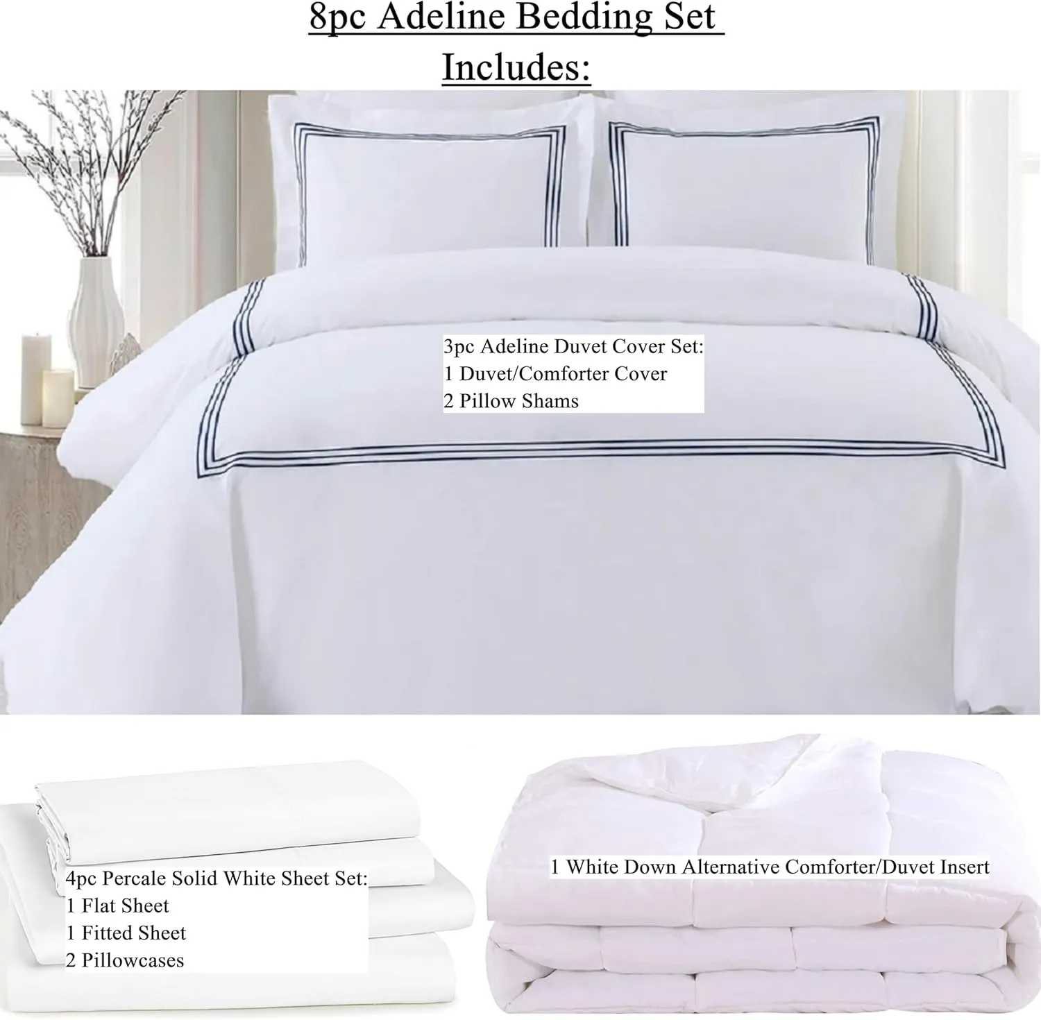 Royal Tradition Medium Warm 8pc Percale Bedding Set (Full Size) Includes: Navy Adeline Duvet Cover Set and White Bed Sheets with Down Alternative Comforter