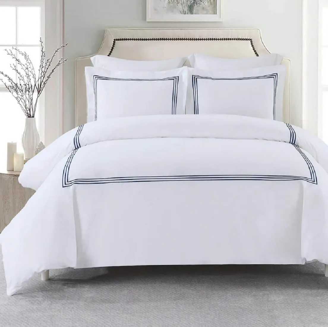 Royal Tradition Medium Warm 8pc Percale Bedding Set (Full Size) Includes: Navy Adeline Duvet Cover Set and White Bed Sheets with Down Alternative Comforter