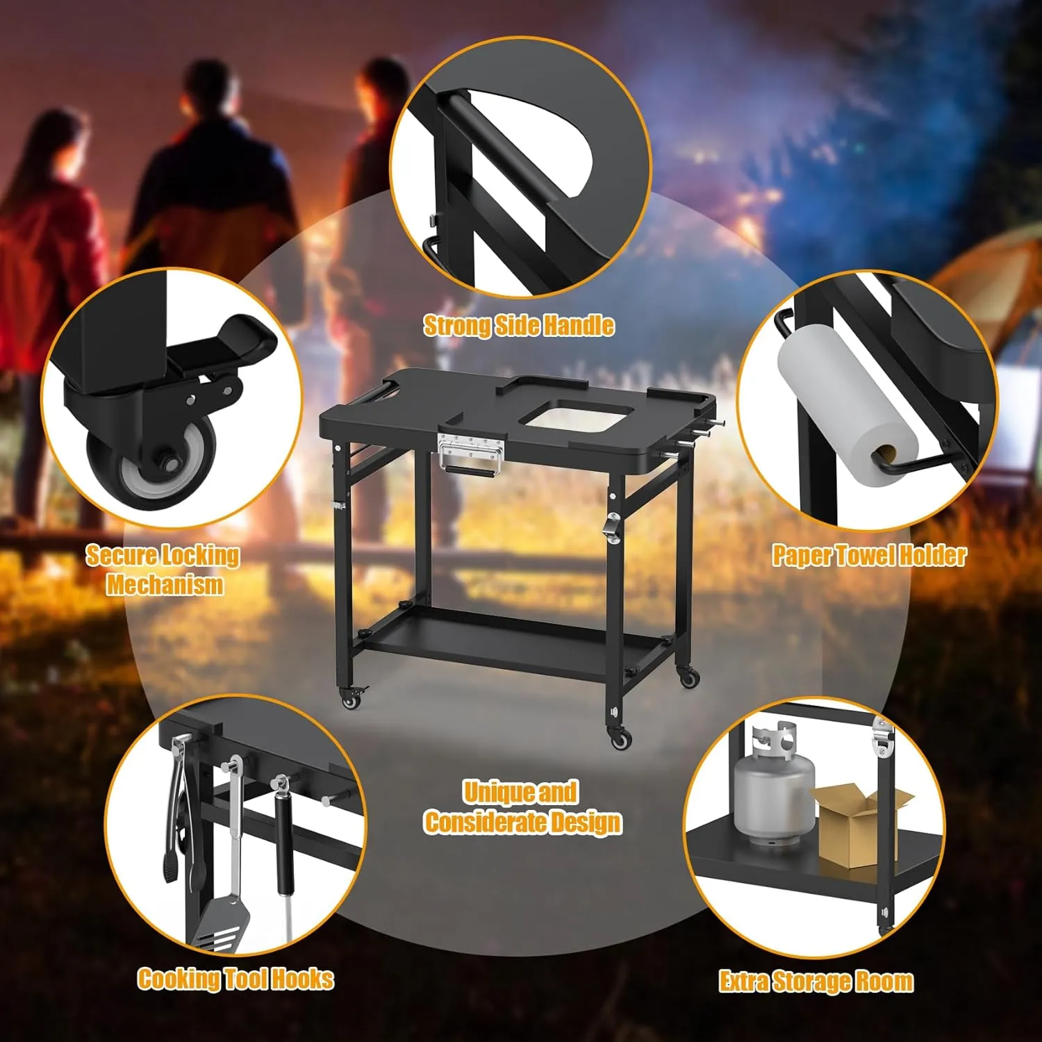 SafBbcue Outdoor Foldable Grill Stand for Ninja Woodfire Series,Grill Cart for OG700 OG800 OG900 Series & OO101 Woodfire Pizza Oven,Replace for XSKUNSTAND Stand,with Double-shelf,Hooks,35.4x22x31.5 in