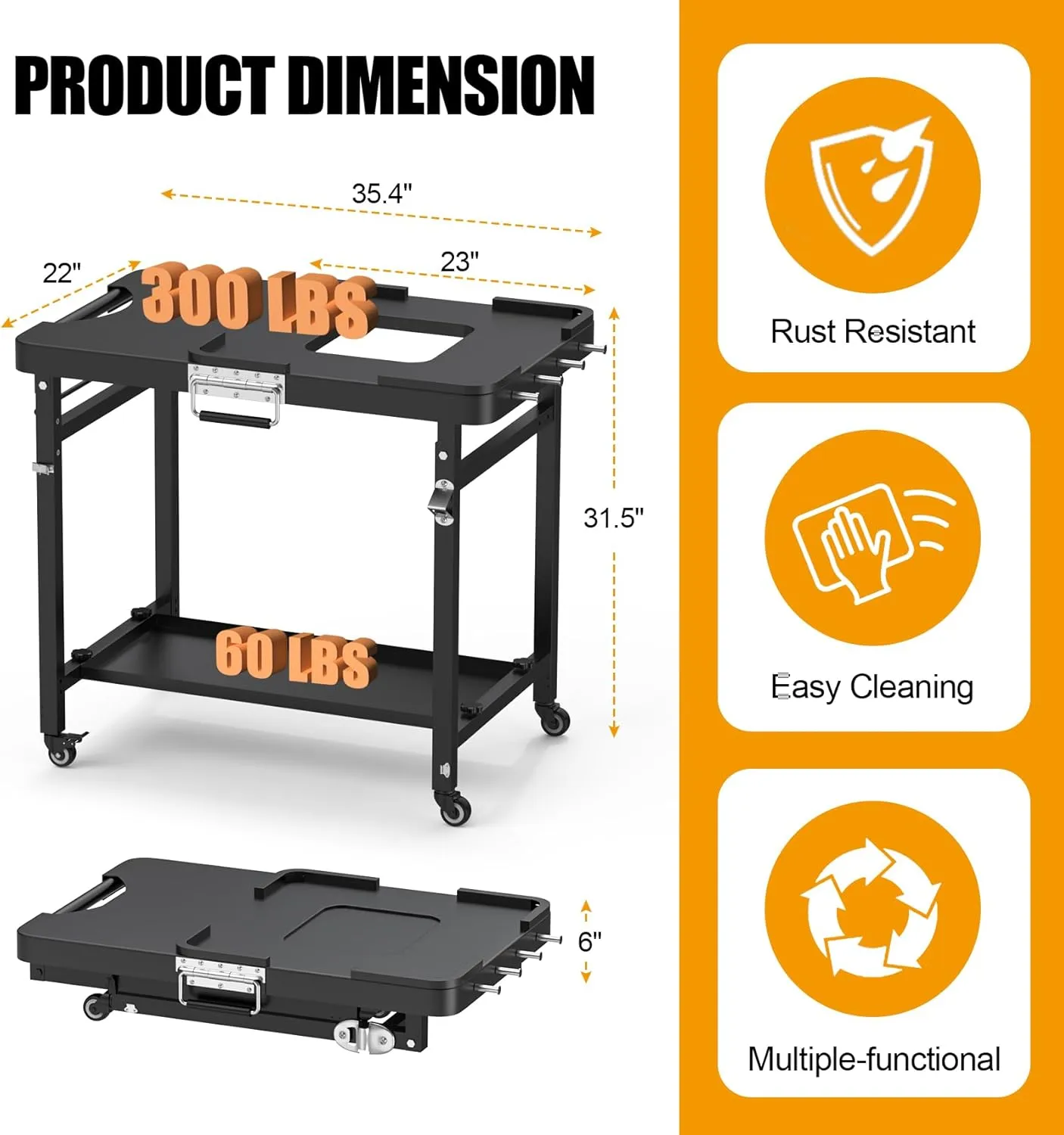 SafBbcue Outdoor Foldable Grill Stand for Ninja Woodfire Series,Grill Cart for OG700 OG800 OG900 Series & OO101 Woodfire Pizza Oven,Replace for XSKUNSTAND Stand,with Double-shelf,Hooks,35.4x22x31.5 in