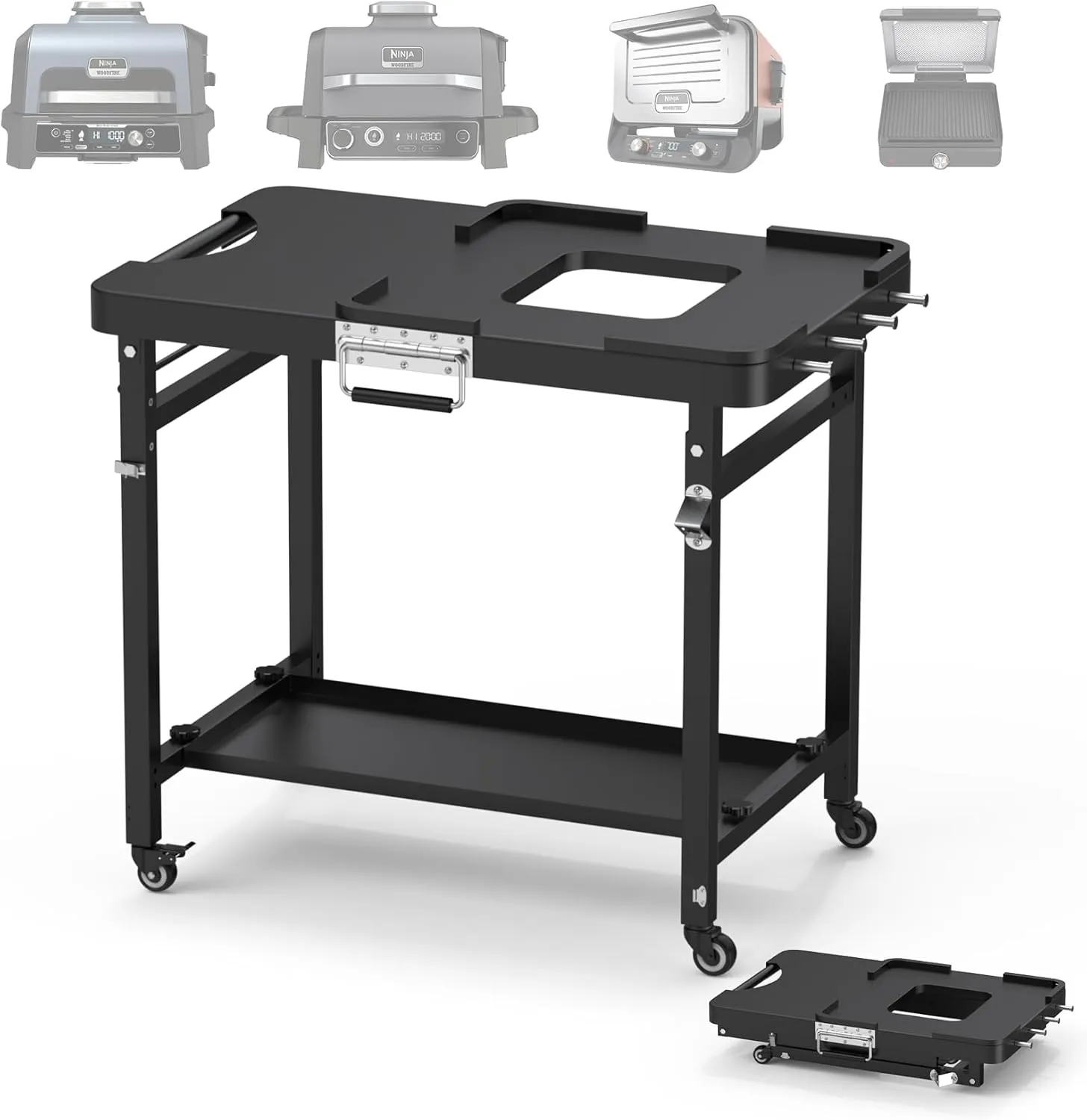 SafBbcue Outdoor Foldable Grill Stand for Ninja Woodfire Series,Grill Cart for OG700 OG800 OG900 Series & OO101 Woodfire Pizza Oven,Replace for XSKUNSTAND Stand,with Double-shelf,Hooks,35.4x22x31.5 in