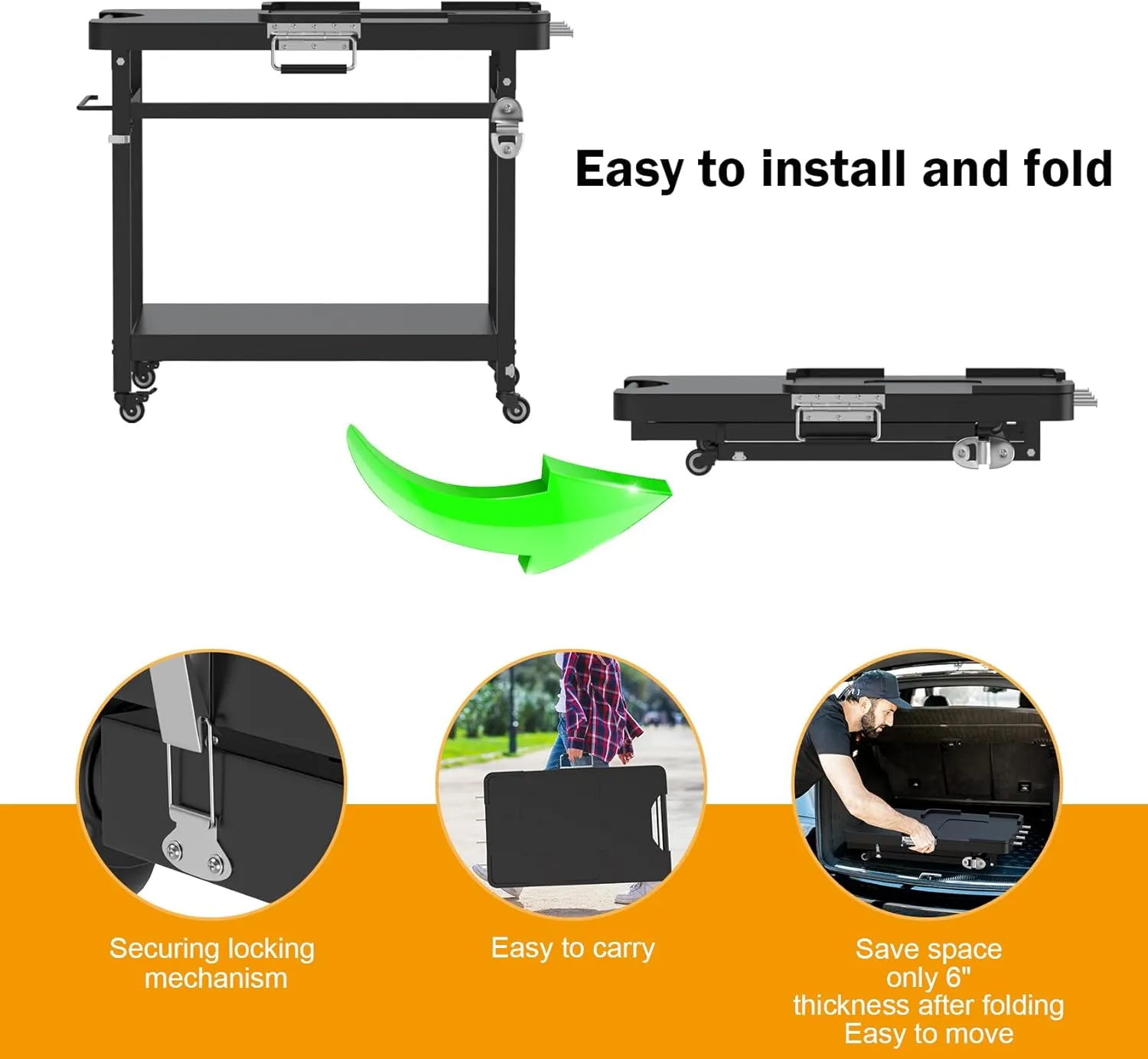 SafBbcue Outdoor Foldable Grill Stand for Ninja Woodfire Series,Grill Cart for OG700 OG800 OG900 Series & OO101 Woodfire Pizza Oven,Replace for XSKUNSTAND Stand,with Double-shelf,Hooks,35.4x22x31.5 in