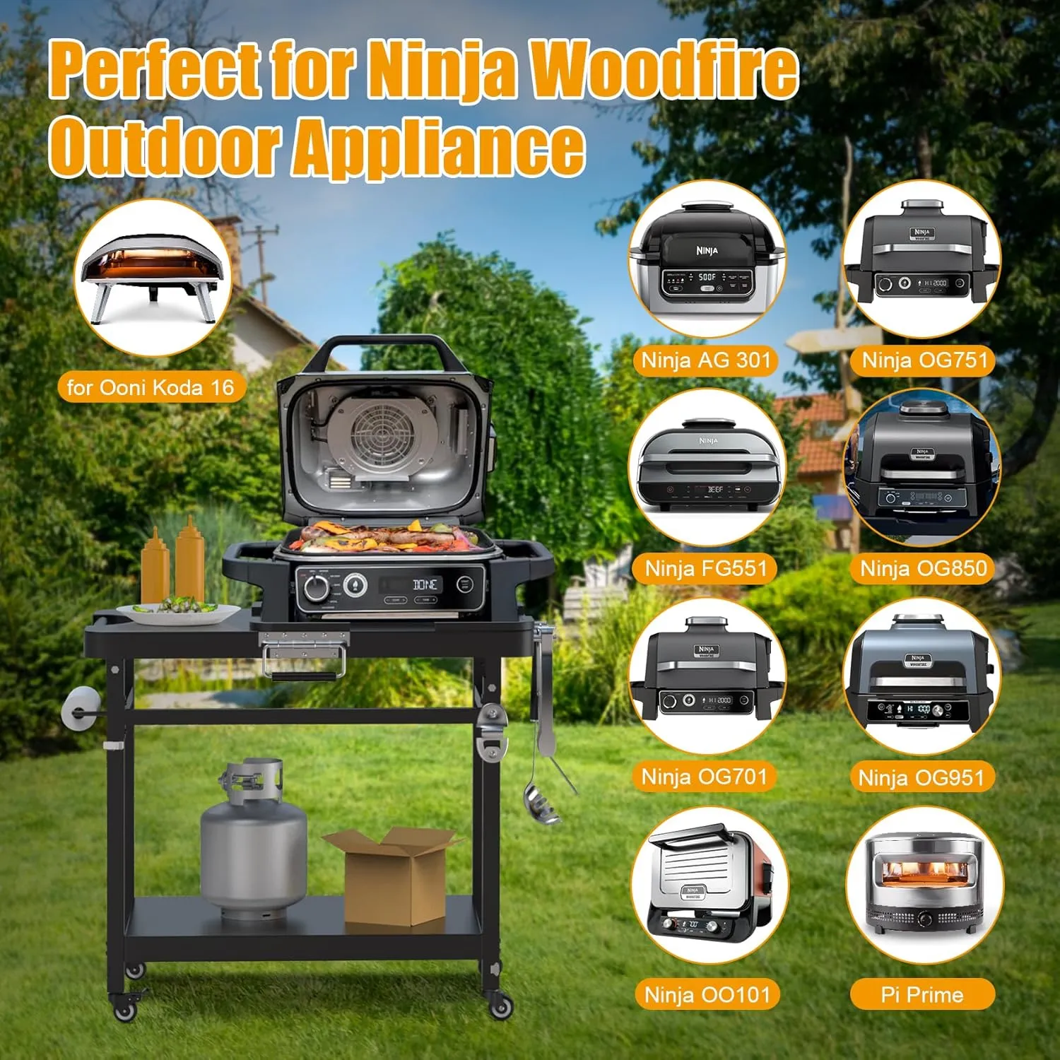 SafBbcue Outdoor Foldable Grill Stand for Ninja Woodfire Series,Grill Cart for OG700 OG800 OG900 Series & OO101 Woodfire Pizza Oven,Replace for XSKUNSTAND Stand,with Double-shelf,Hooks,35.4x22x31.5 in