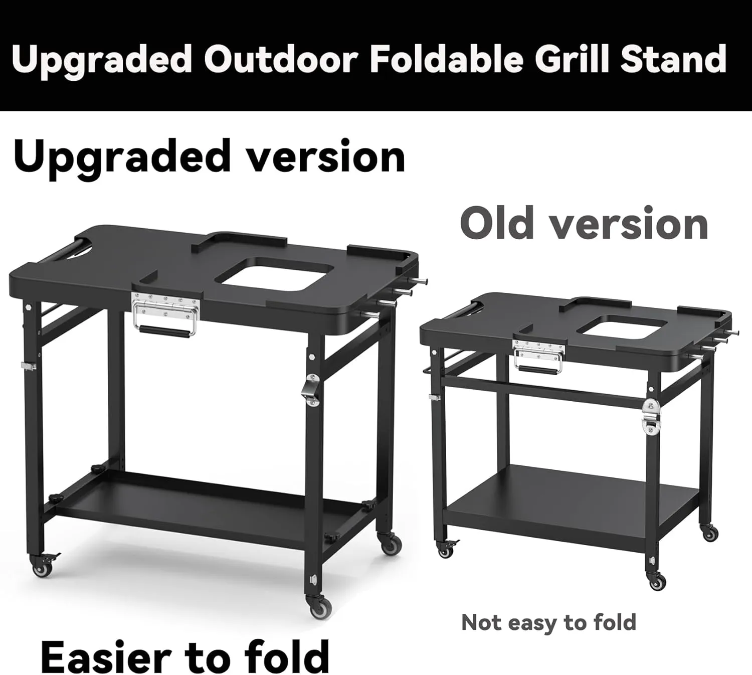 SafBbcue Outdoor Foldable Grill Stand for Ninja Woodfire Series,Grill Cart for OG700 OG800 OG900 Series & OO101 Woodfire Pizza Oven,Replace for XSKUNSTAND Stand,with Double-shelf,Hooks,35.4x22x31.5 in