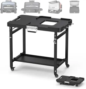 SafBbcue Outdoor Foldable Grill Stand for Ninja Woodfire Series,Grill Cart for OG700 OG800 OG900 Series & OO101 Woodfire Pizza Oven,Replace for XSKUNSTAND Stand,with Double-shelf,Hooks,35.4x22x31.5 in