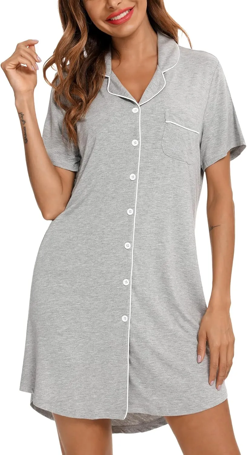 Samring Pajama Nightgown for Women Short/Long Sleeve Button Down Nightwear Top Boyfriend Sleep Shirts Nightdress S-XXL