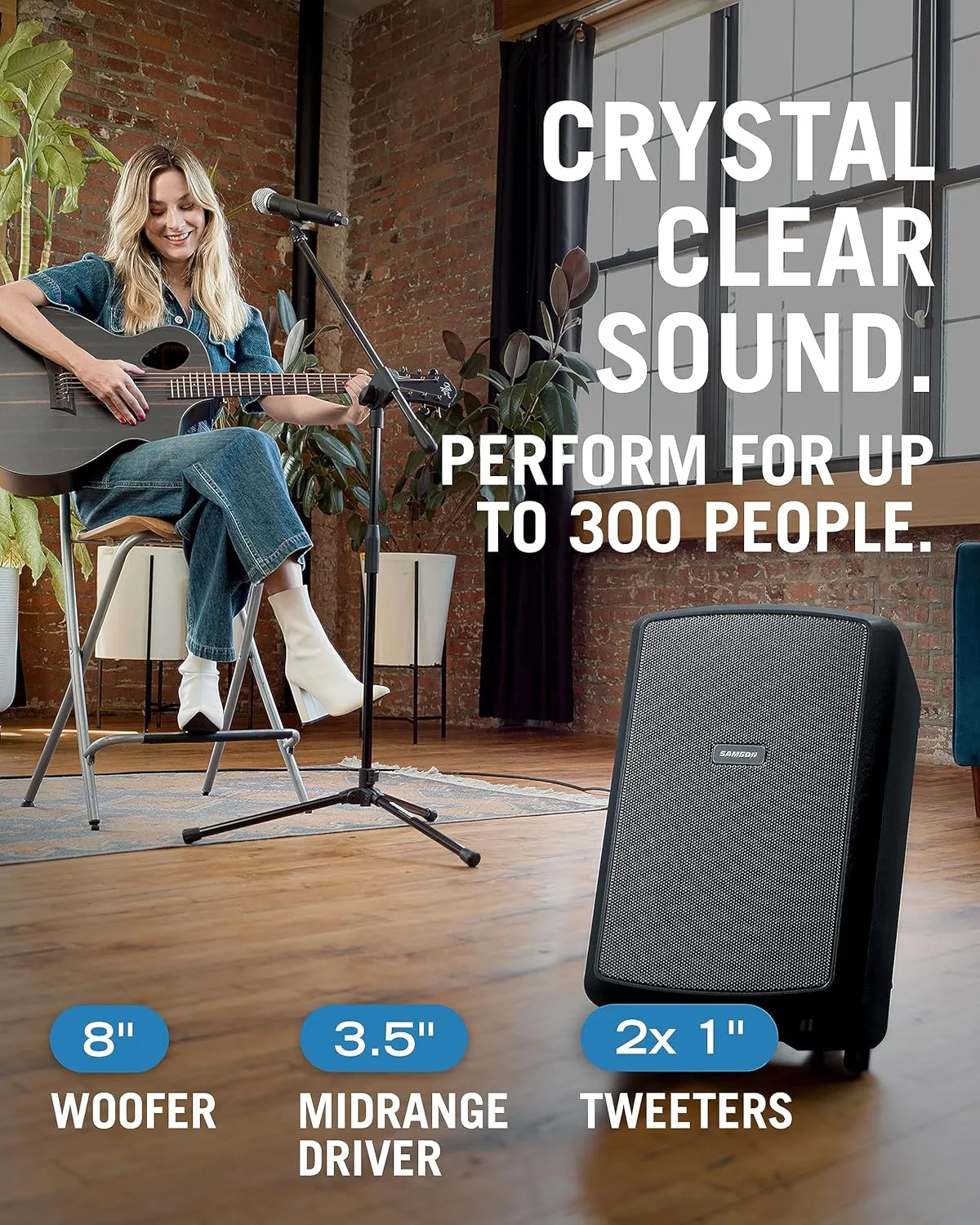 Samson Expedition Explor with Wireless Handheld System - 200-watt, 3-Way Portable Bluetooth Speaker & XPD2 Handheld USB Digital Wireless Mic - 3-Channel Mixer - Rechargeable, 12-Hour Battery