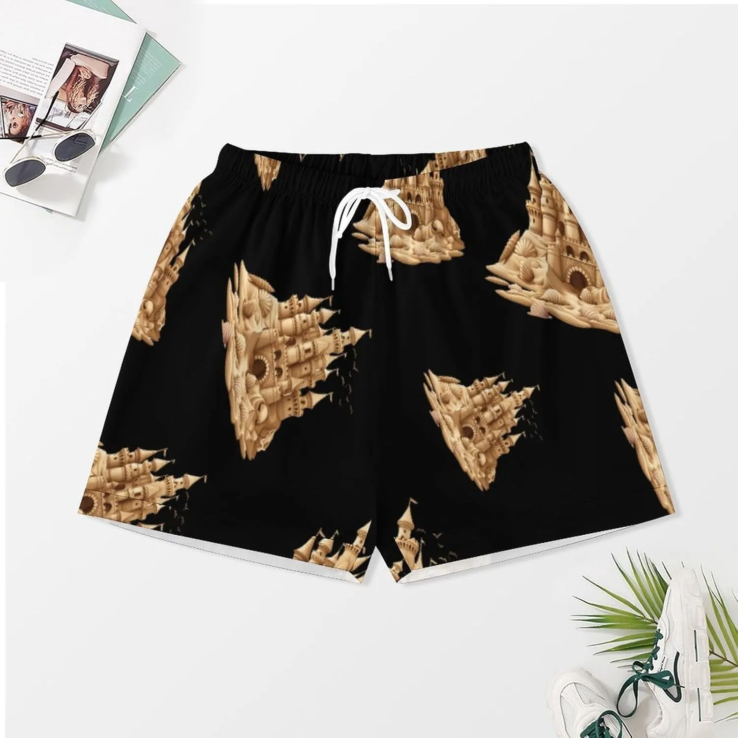 Sandcastle Sand Sculpture Sea Shells Beach Sand Women's Satin Pajama Set Short Sleeve Button Down Sleepwear Loungewear Pj Set