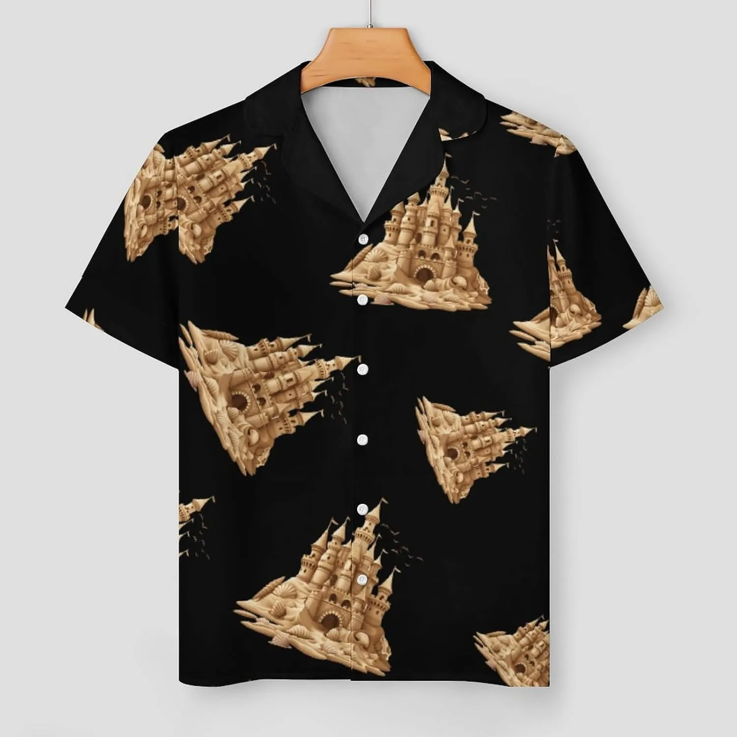 Sandcastle Sand Sculpture Sea Shells Beach Sand Women's Satin Pajama Set Short Sleeve Button Down Sleepwear Loungewear Pj Set