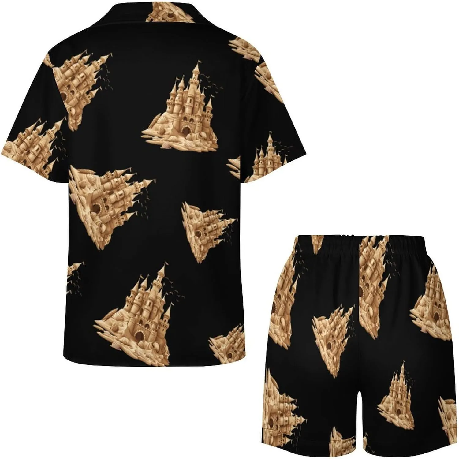 Sandcastle Sand Sculpture Sea Shells Beach Sand Women's Satin Pajama Set Short Sleeve Button Down Sleepwear Loungewear Pj Set