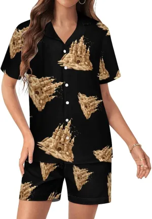 Sandcastle Sand Sculpture Sea Shells Beach Sand Women's Satin Pajama Set Short Sleeve Button Down Sleepwear Loungewear Pj Set