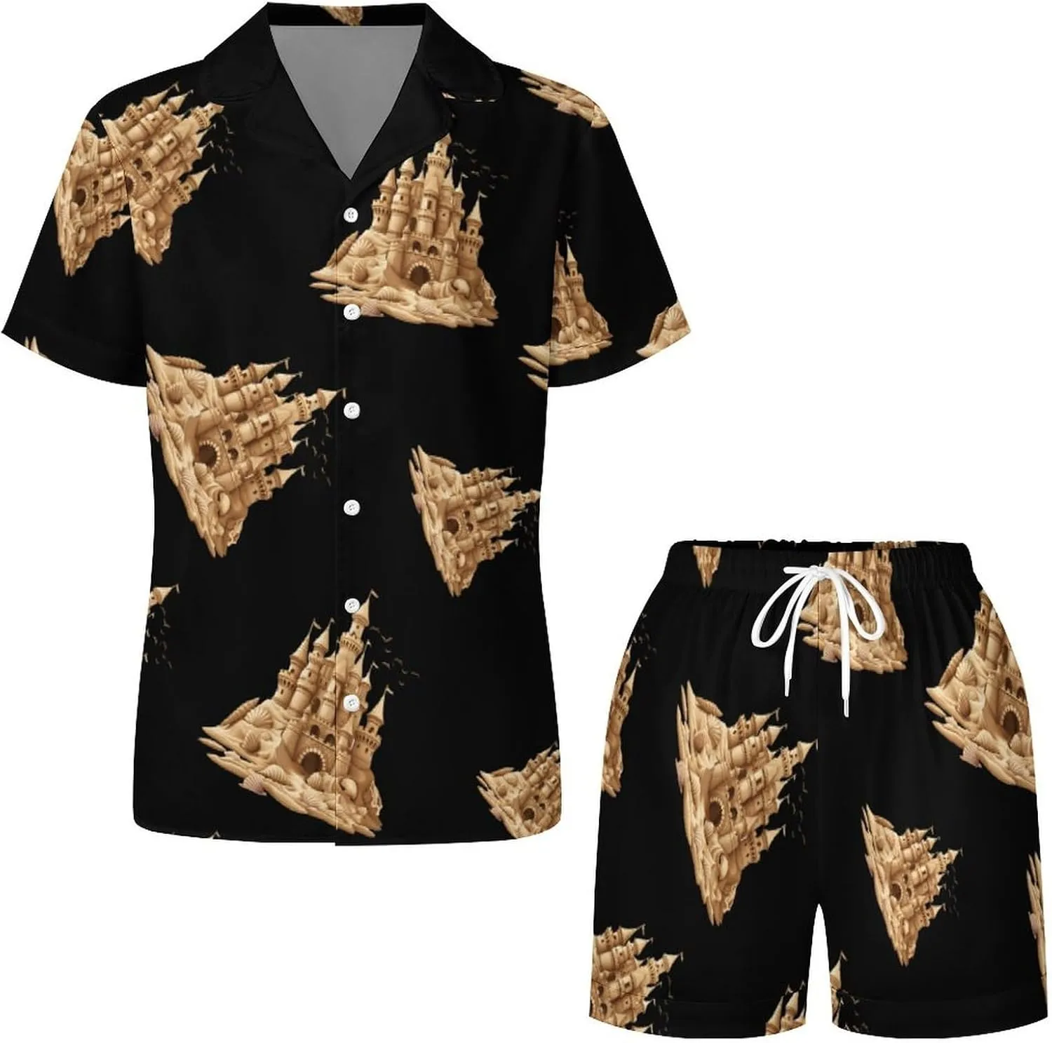 Sandcastle Sand Sculpture Sea Shells Beach Sand Women's Satin Pajama Set Short Sleeve Button Down Sleepwear Loungewear Pj Set