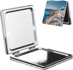 Santorini Greek Island sea View Printed Square Pocket Makeup Mirror with 1X/2X Magnification, Portable Mini Travel Makeup Mirror for Travel Daily Work Beauty