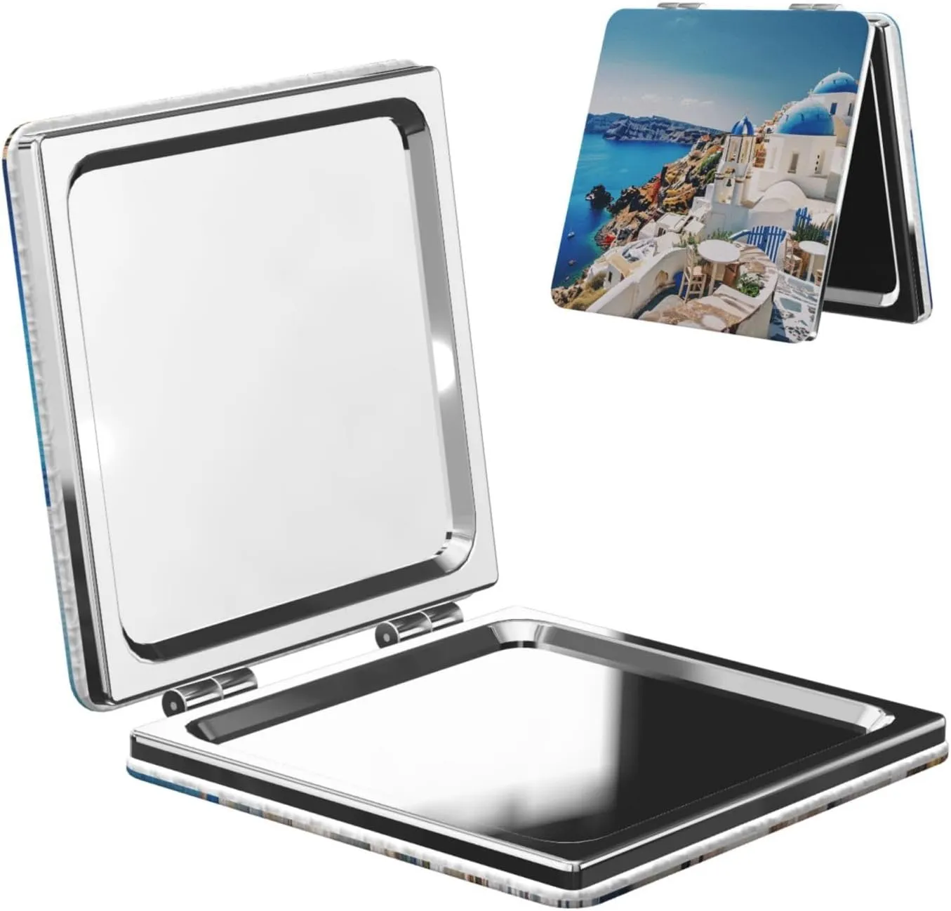 Santorini Greek Island sea View Printed Square Pocket Makeup Mirror with 1X/2X Magnification, Portable Mini Travel Makeup Mirror for Travel Daily Work Beauty