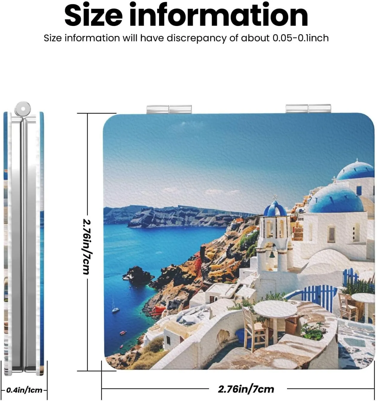 Santorini Greek Island sea View Printed Square Pocket Makeup Mirror with 1X/2X Magnification, Portable Mini Travel Makeup Mirror for Travel Daily Work Beauty