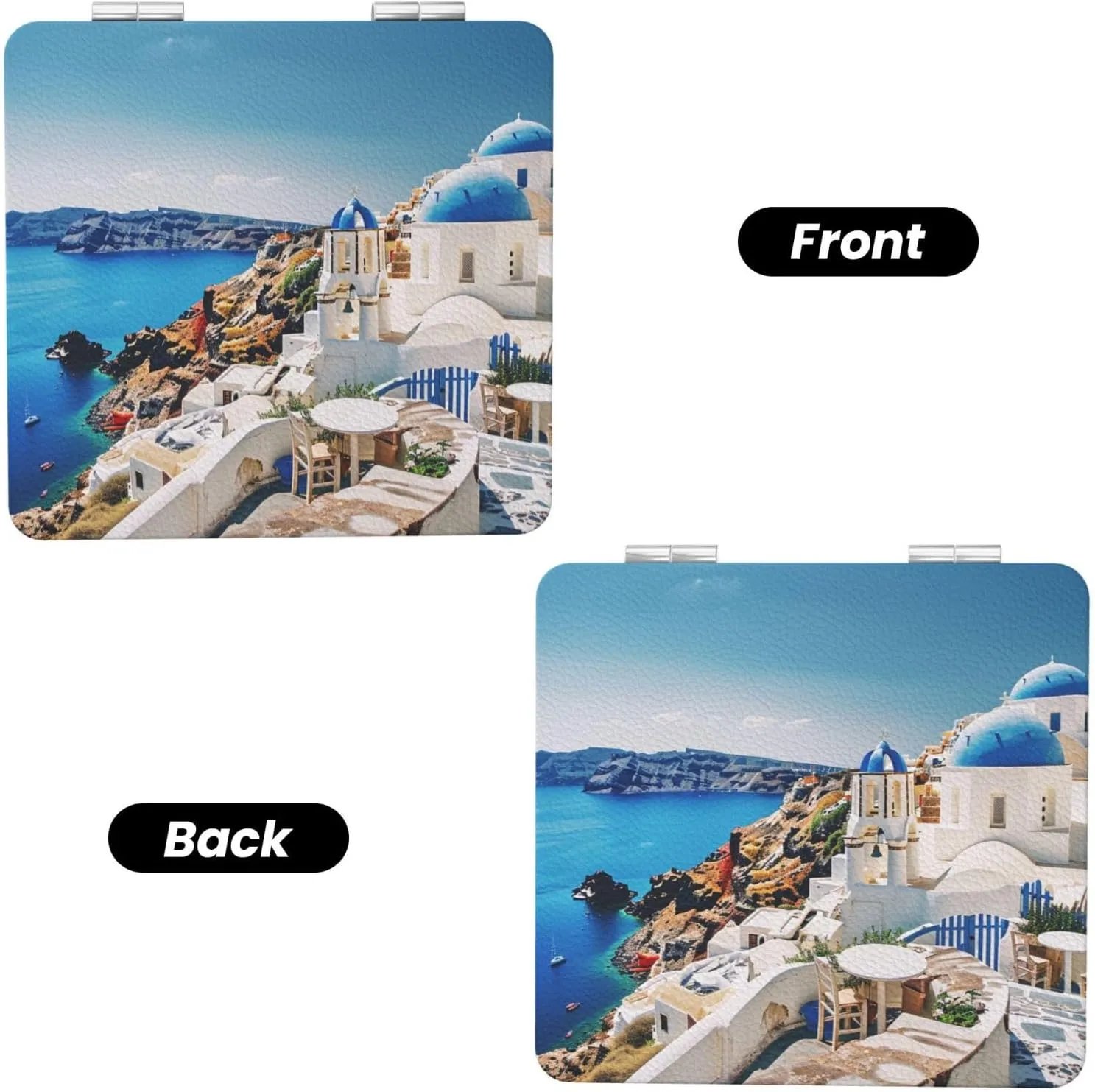 Santorini Greek Island sea View Printed Square Pocket Makeup Mirror with 1X/2X Magnification, Portable Mini Travel Makeup Mirror for Travel Daily Work Beauty